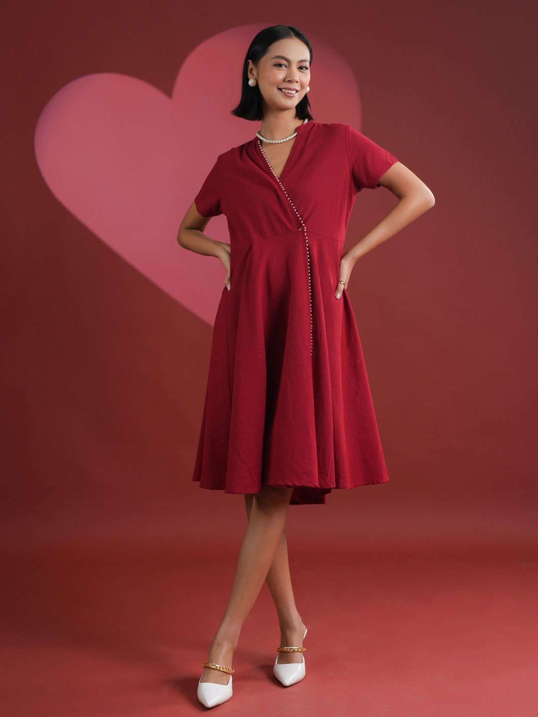 

SANSKRUTIHOMES Mandarin Collar Cotton Wrap Dress, Red
