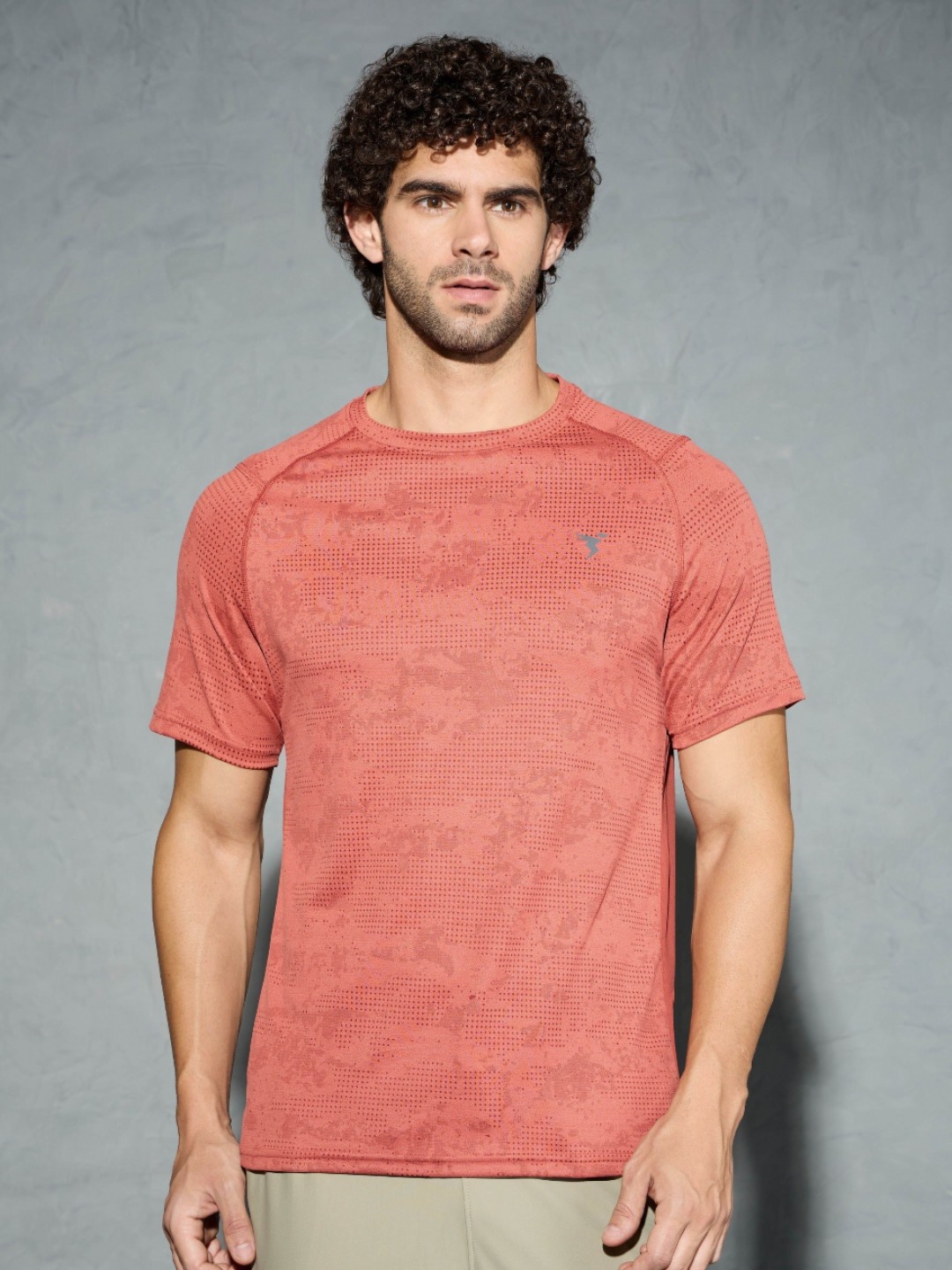 

Technosport Men Self Design Round Neck Antimicrobial Slim Fit T-shirt, Coral