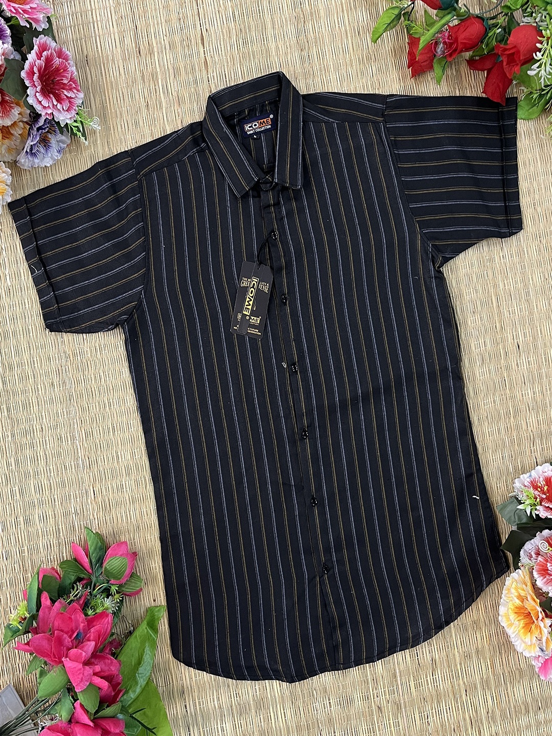 

iCome Men Spread Collar Vertical Striped Cotton Linen Casual Shirt, Navy blue