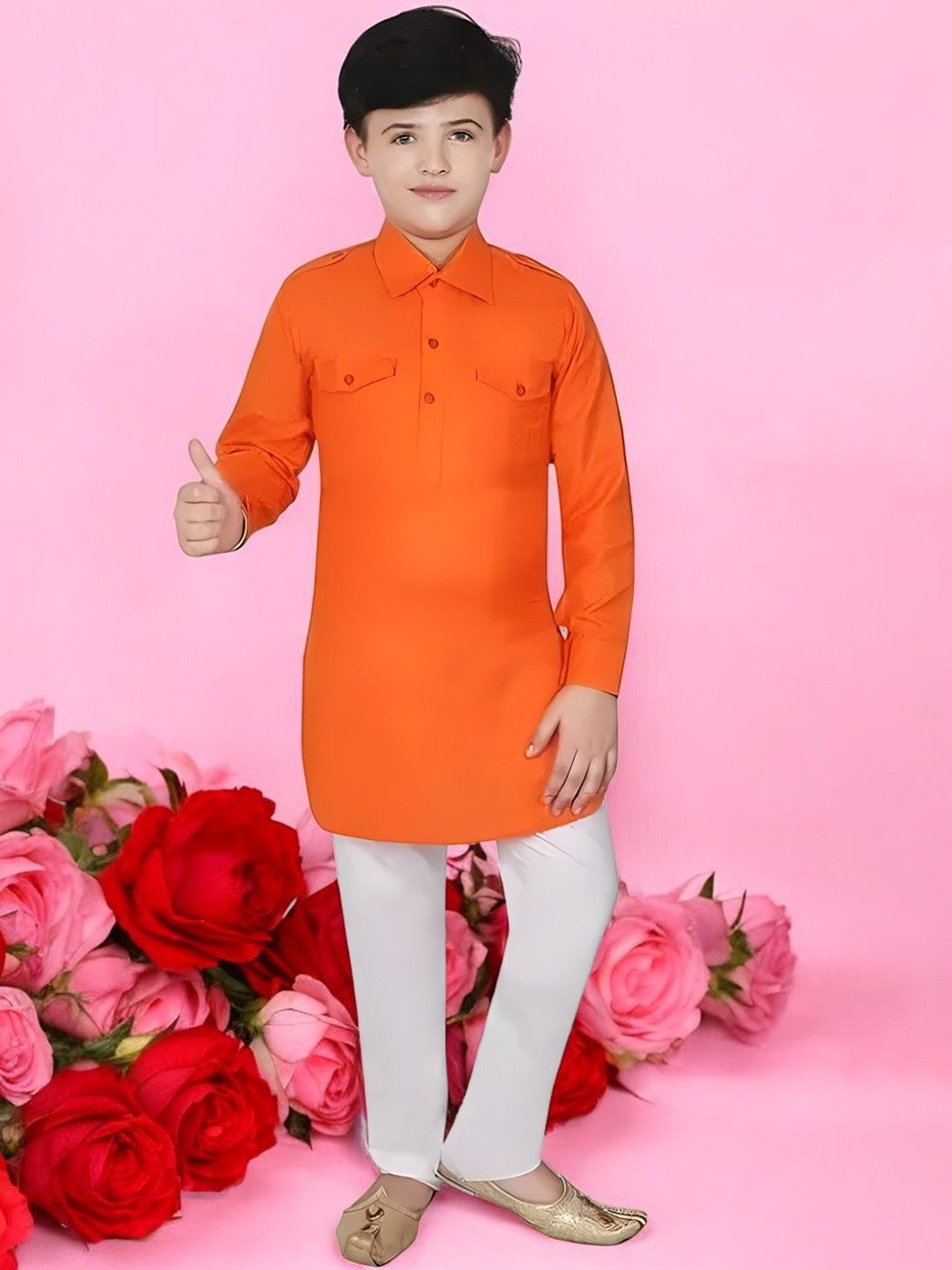 

Qtsy Boys Shirt Collar Pure Cotton Pathani Kurta With Pyjamas, Orange