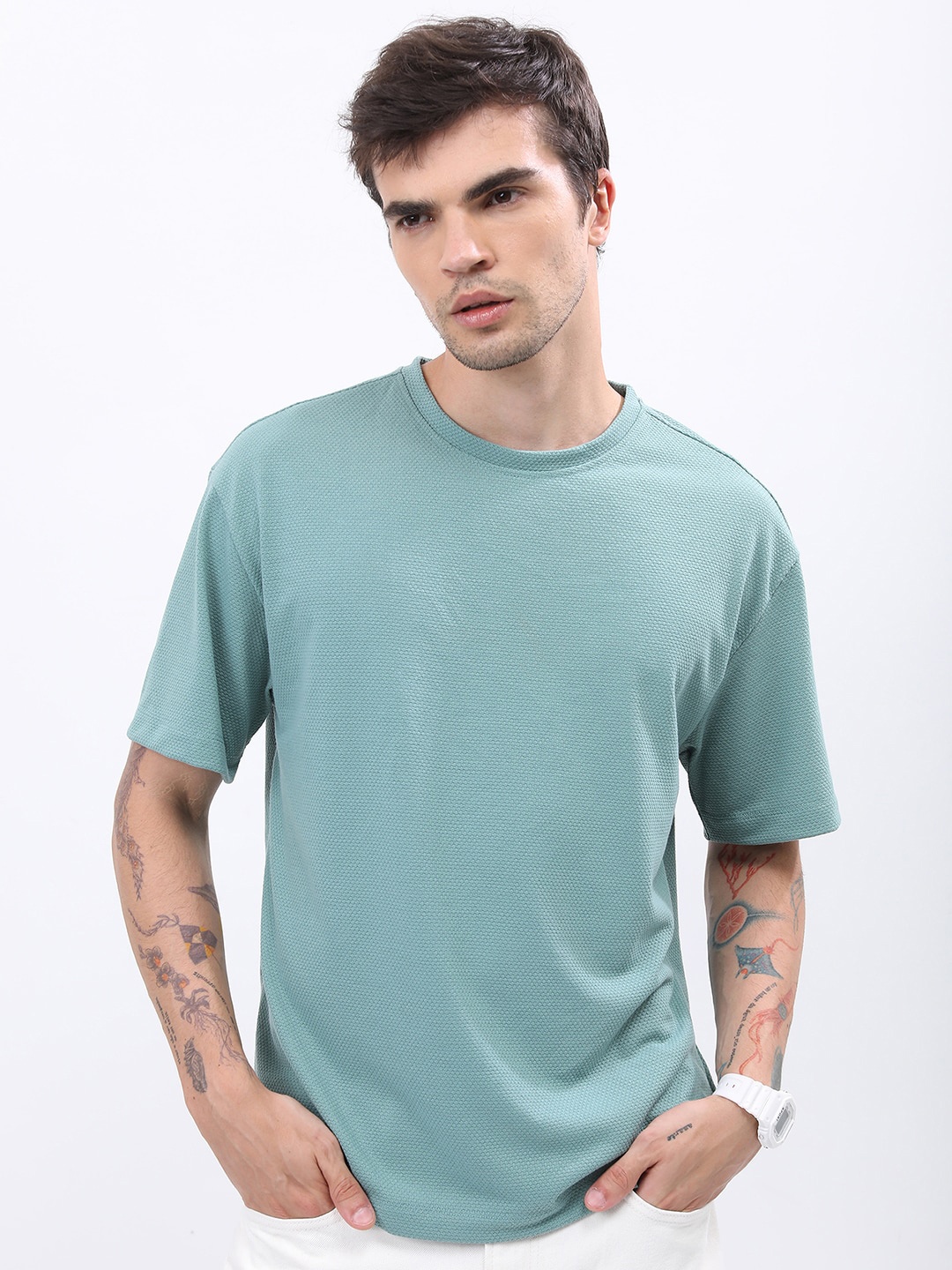 

HIGHLANDER Men Popcorn Structured Oversized T-shirt, Sea green