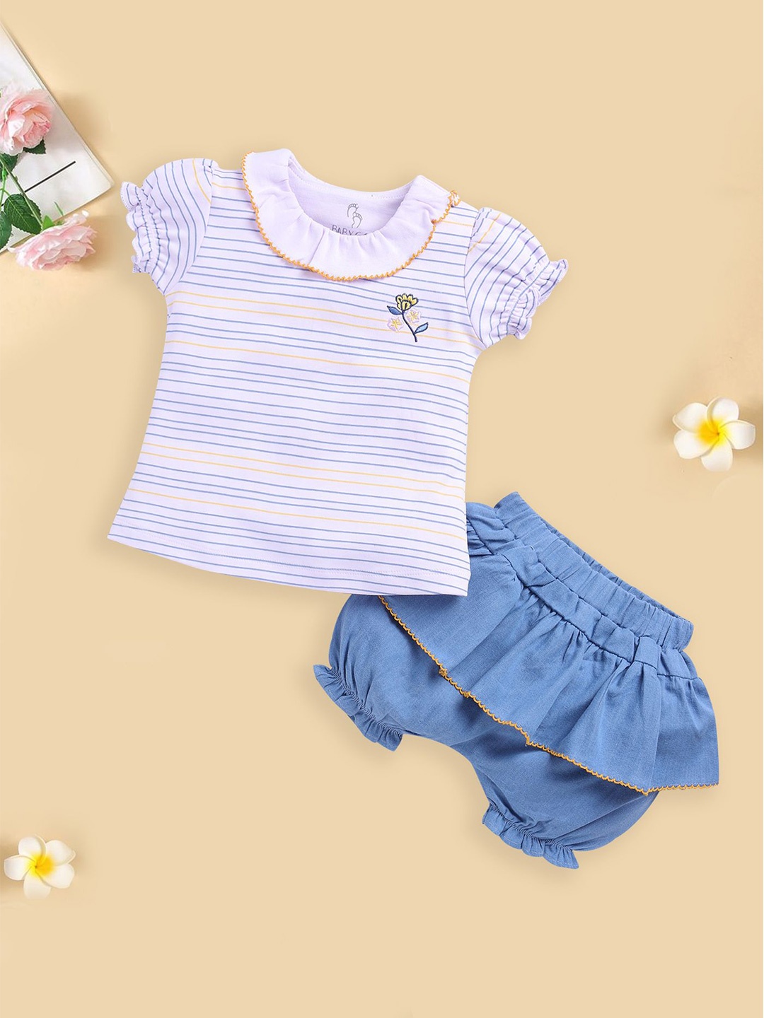 

BABY GO Girls Striped Round Neck Top With Shorts, Blue