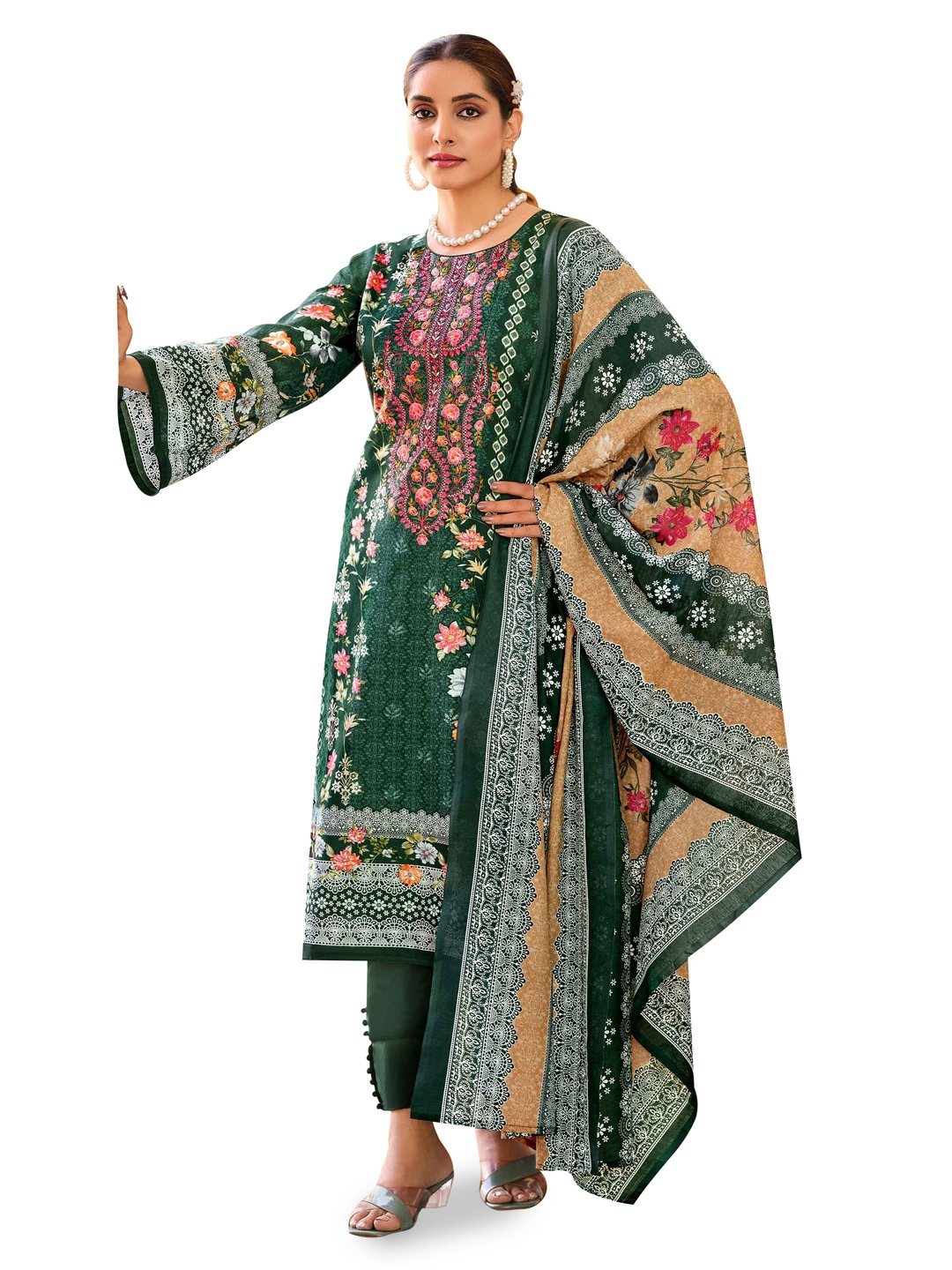 

DRAVINAM Trends Floral Embroidered Pure Cotton Unstitched Dress Material, Green