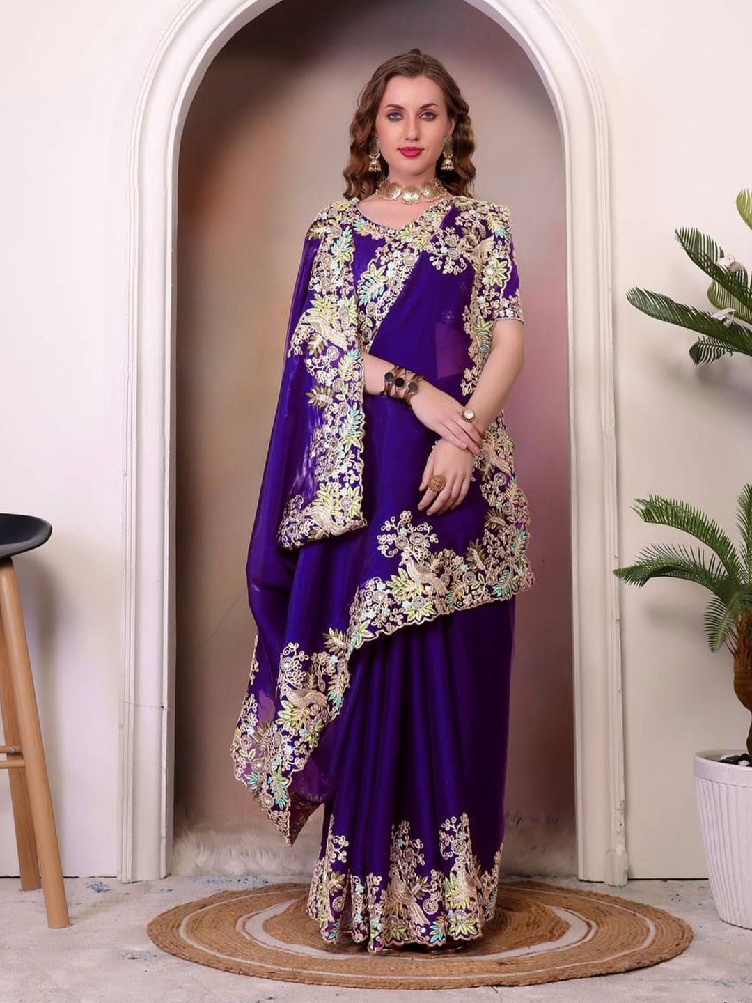 

Moda Rapido Floral Embroidered Organza Saree, Purple