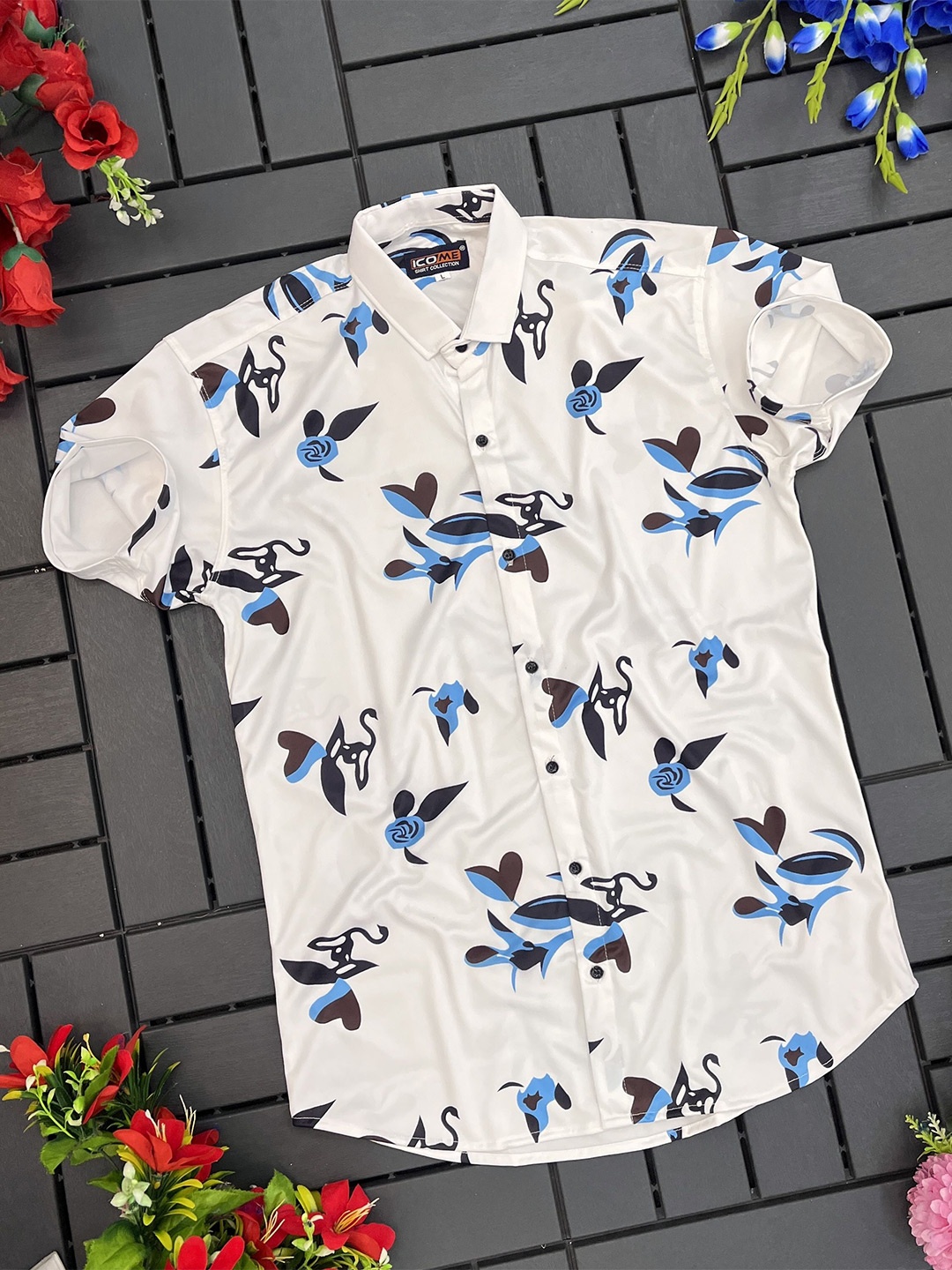 

iCome Men Spread Collar Abstract Printed Casual Shirt, White