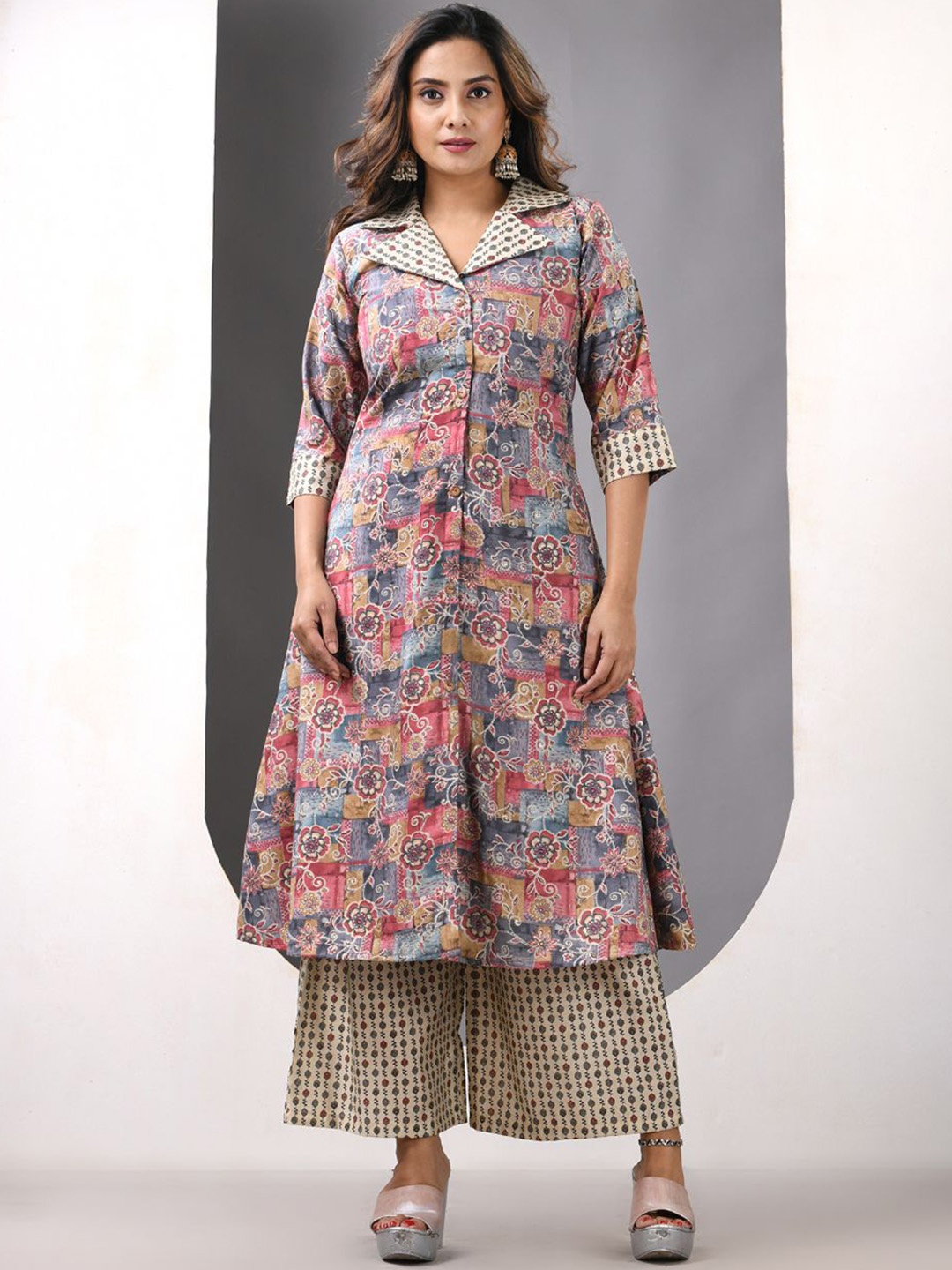 

Charukriti Floral Printed Lapel Collar Satin A-Line Kurta With Palazzos, Grey