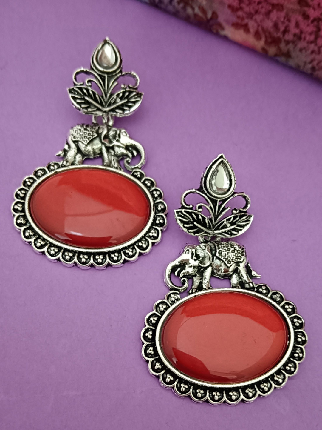 

EVY Silver-Plated Artificial Stones Studded Drop Earrings, Red