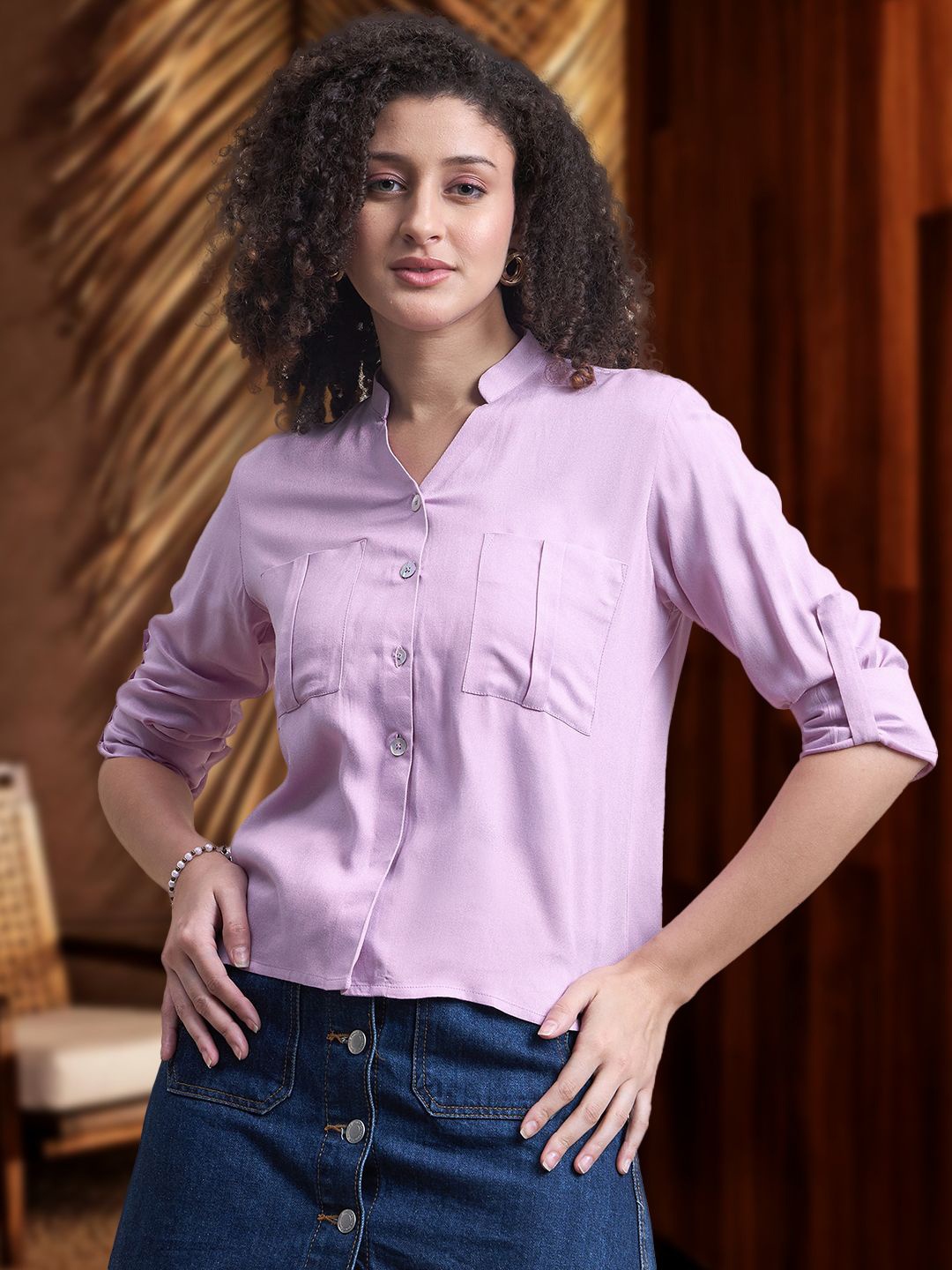 

DressBerry Women Mandarin Collar Solid Casual Shirt, Purple