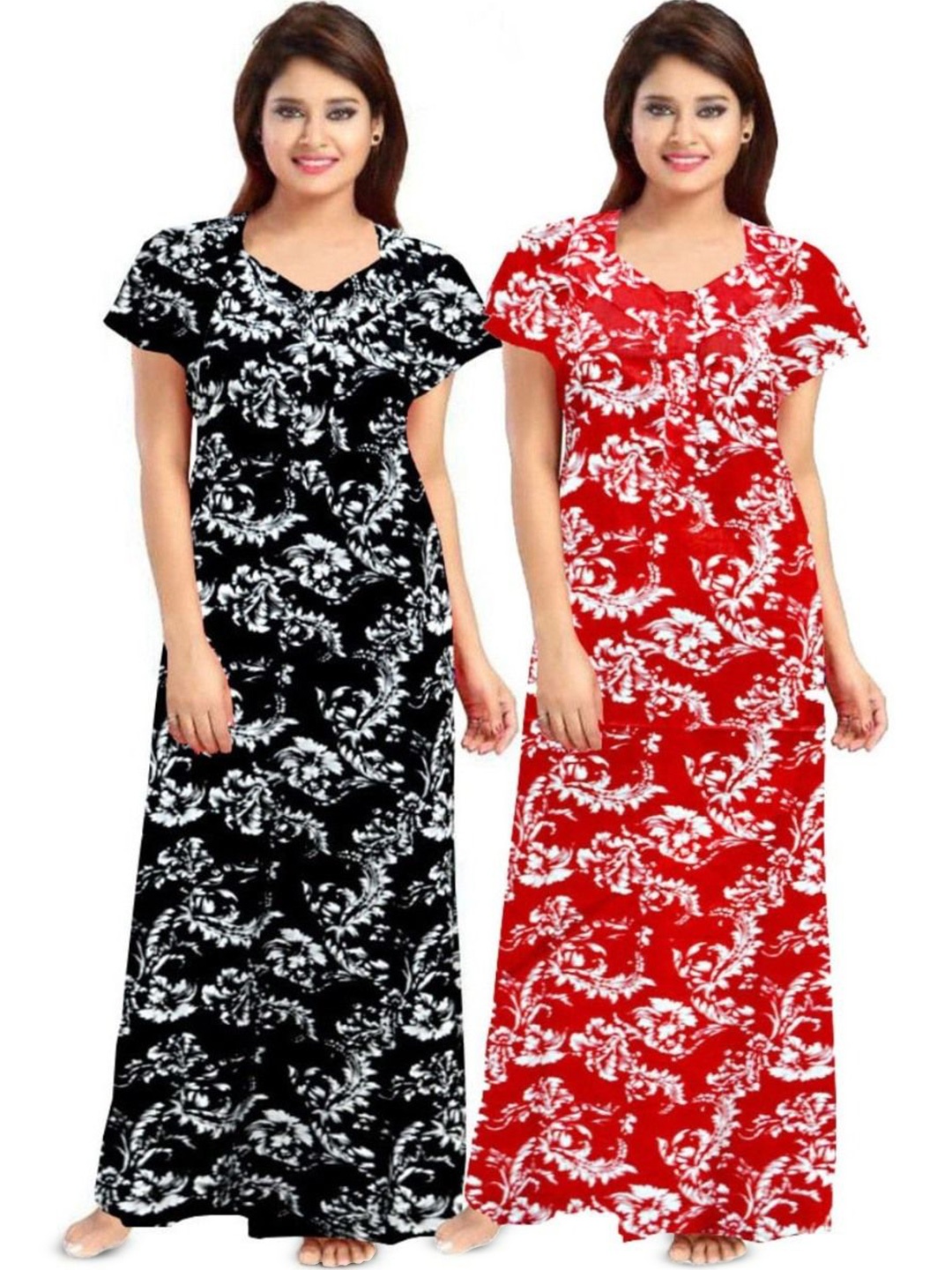 

PR PINK ROYAL Women Pack of 2 Printed Maxi Nightdress, Red