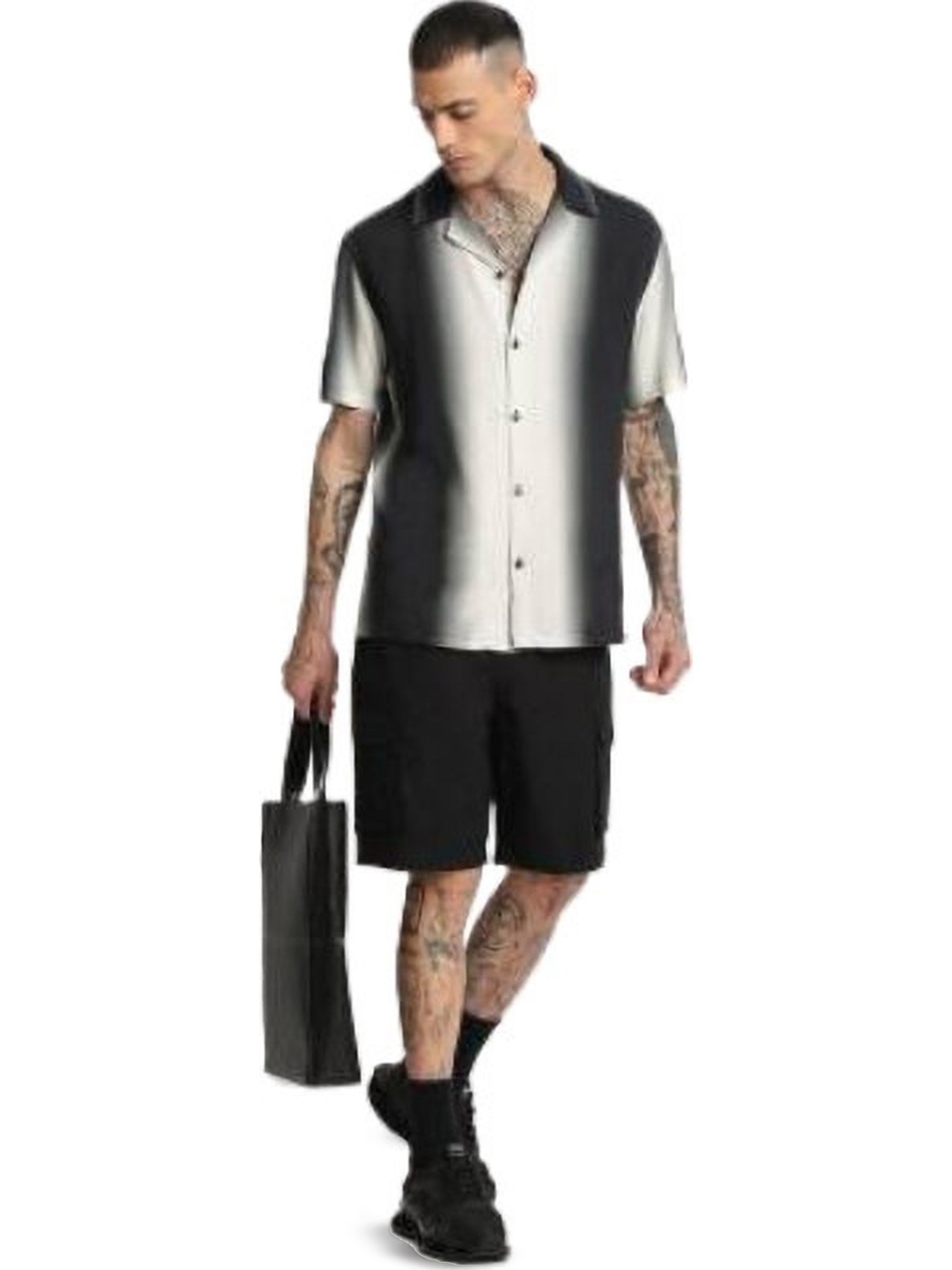 

iCome Men Relaxed Fit Spread Collar Vertical Striped Cotton Linen Casual Shirt, Black