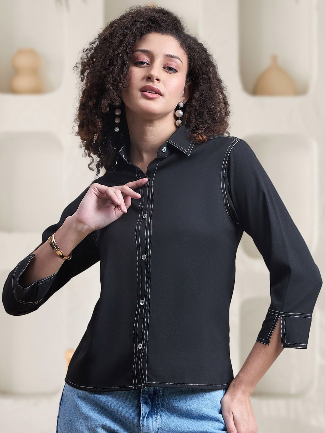 

DressBerry Women Spread Collar Solid Casual Shirt, Black