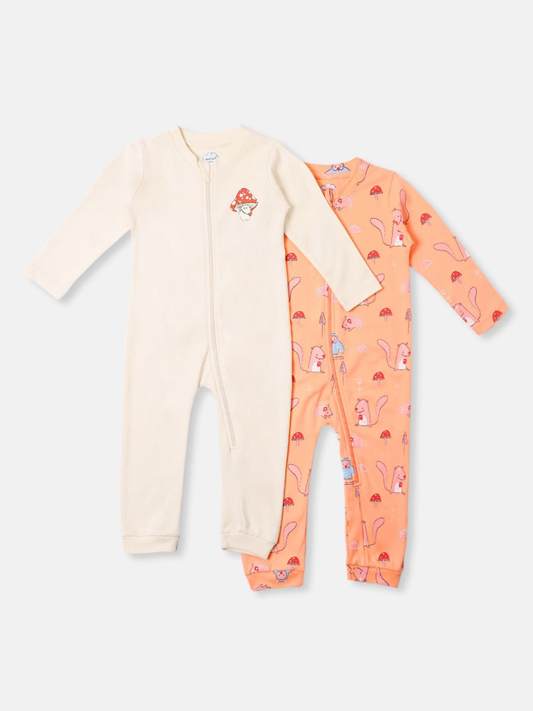 

Nauti Nati Infants Pack of 2 Interlock Cotton Cute Animal Print Sleepsuit, Peach