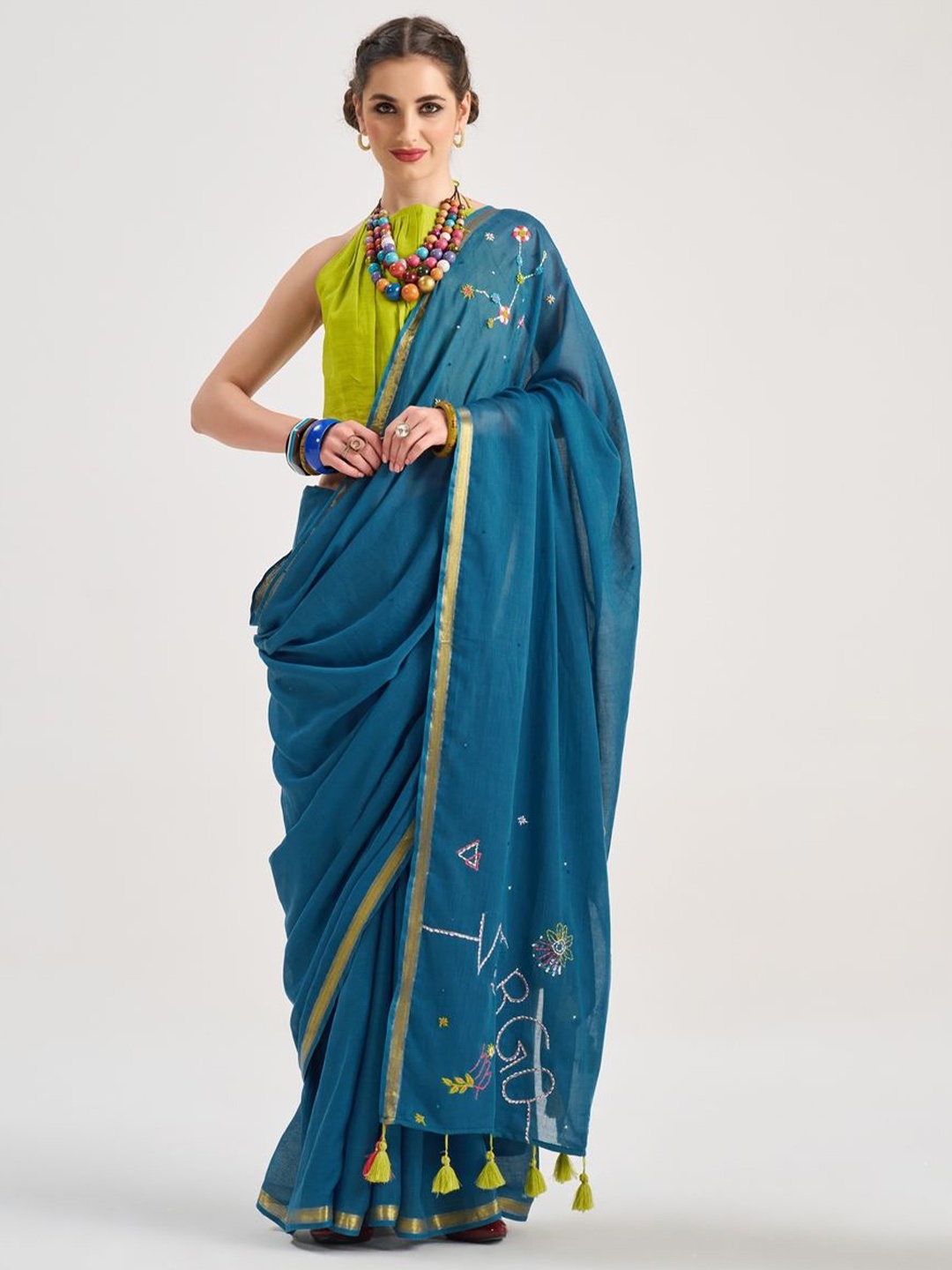 

Suha Floral Zari Pure Cotton Saree, Blue