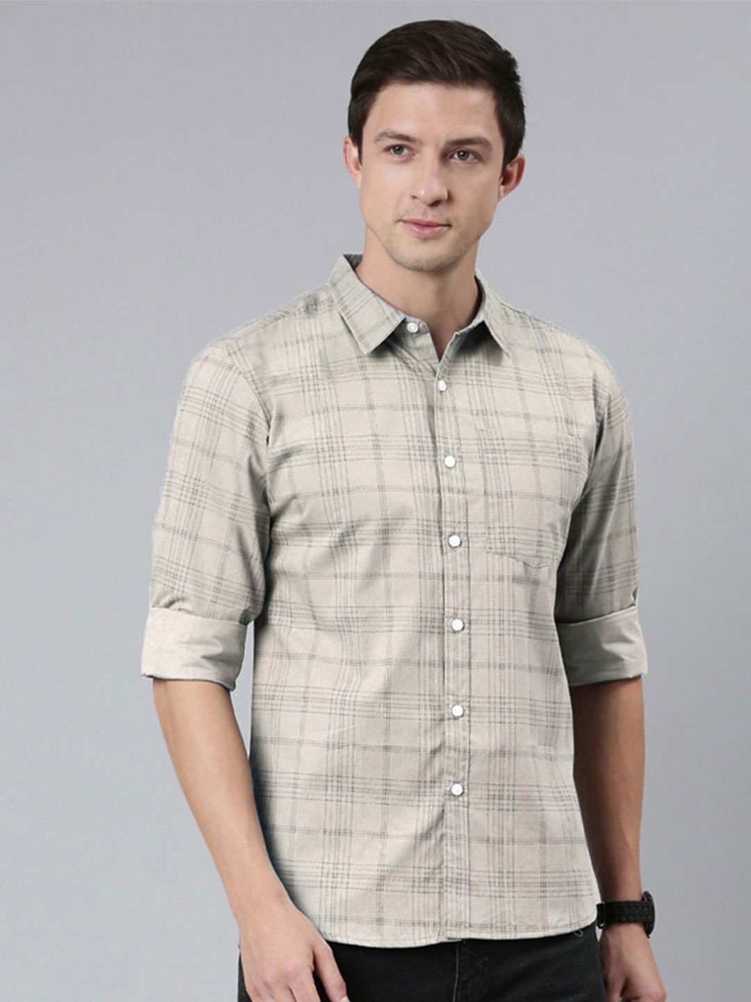 

Provogue Men Slim Fit Spread Collar Tartan Checked Cotton Casual Shirt, Beige
