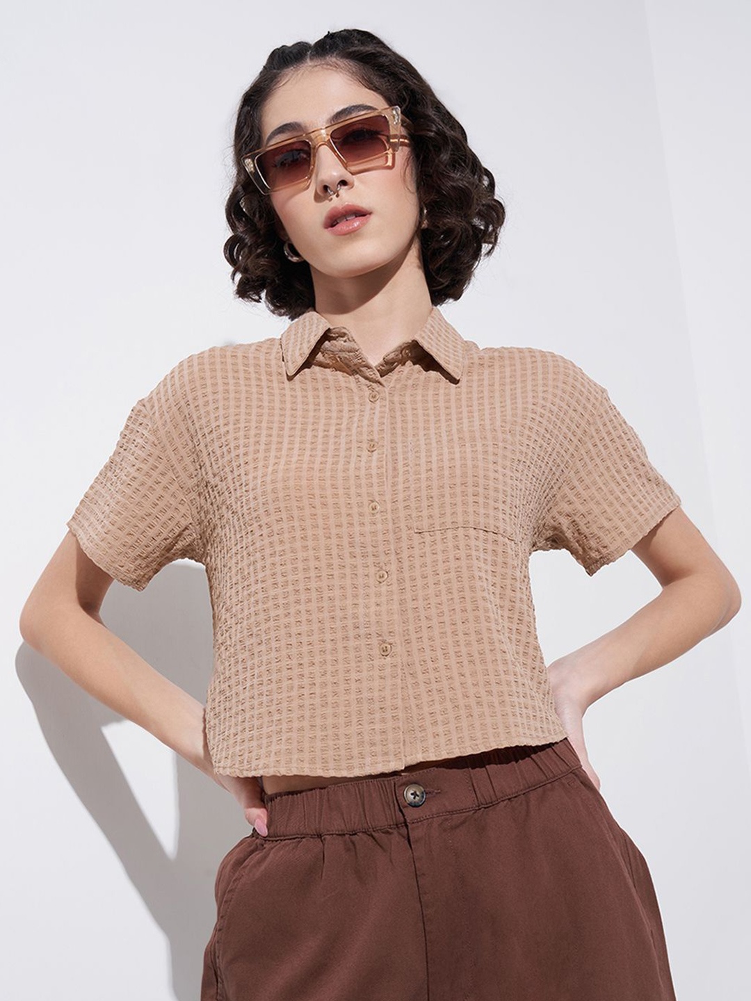 

SF JEANS by Pantaloons Shirt Style Checked Top, Khaki
