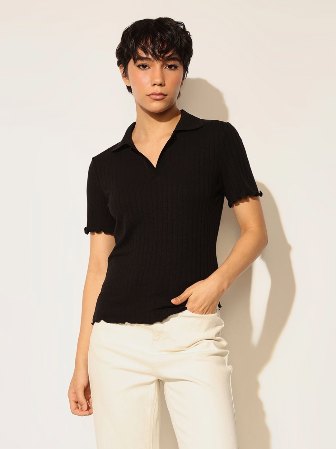 

ONLY Women Self Design Polo Collar T-shirt, Black