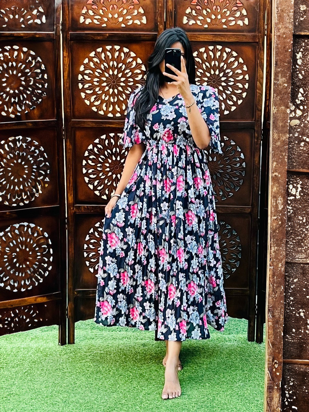 

JKP Collection Floral Print Georgette Fit & Flare Midi Dress, Blue