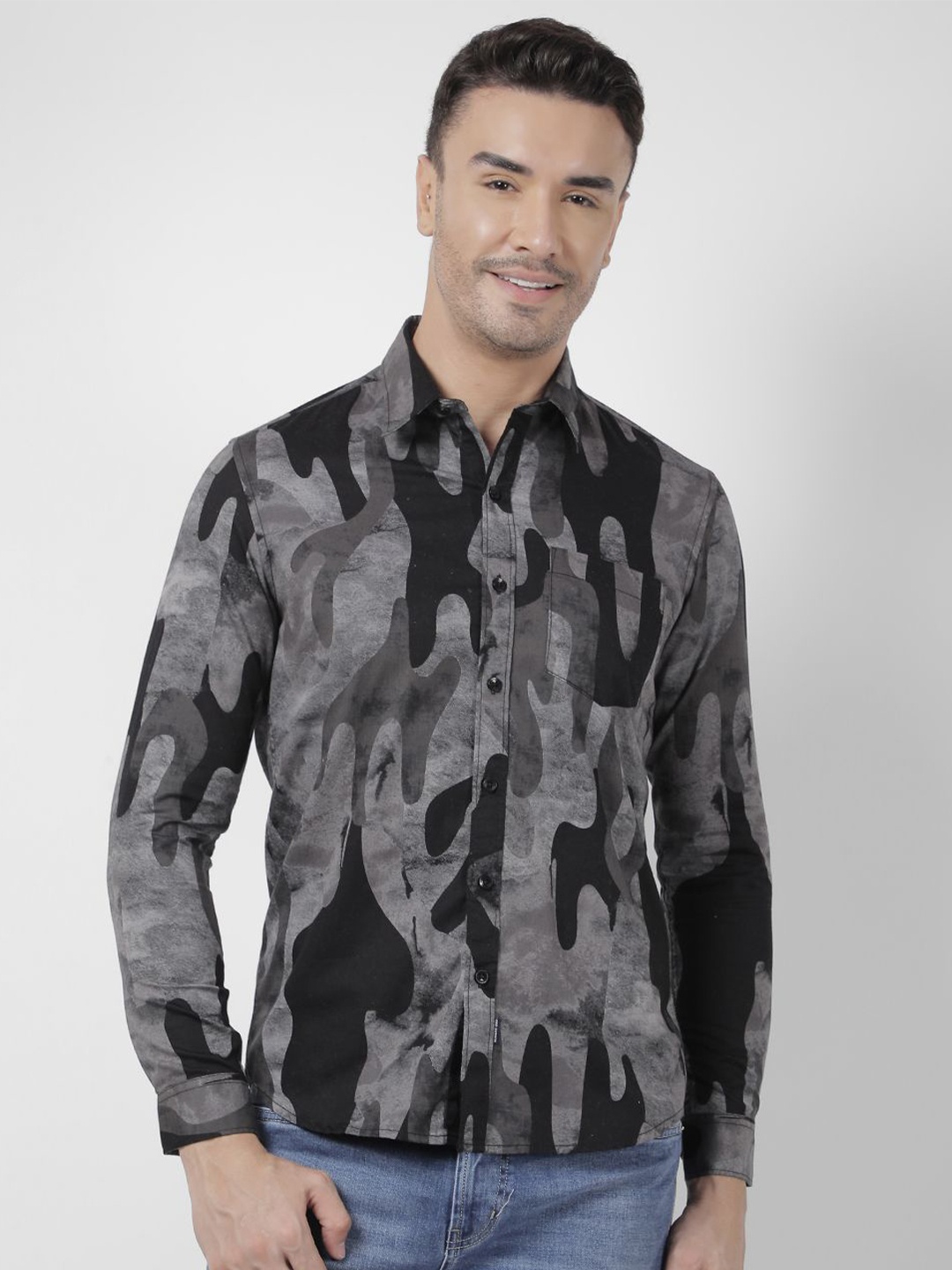 

Numero Uno Men Slim Fit Spread Collar Abstract Printed Cotton Casual Shirt, Grey