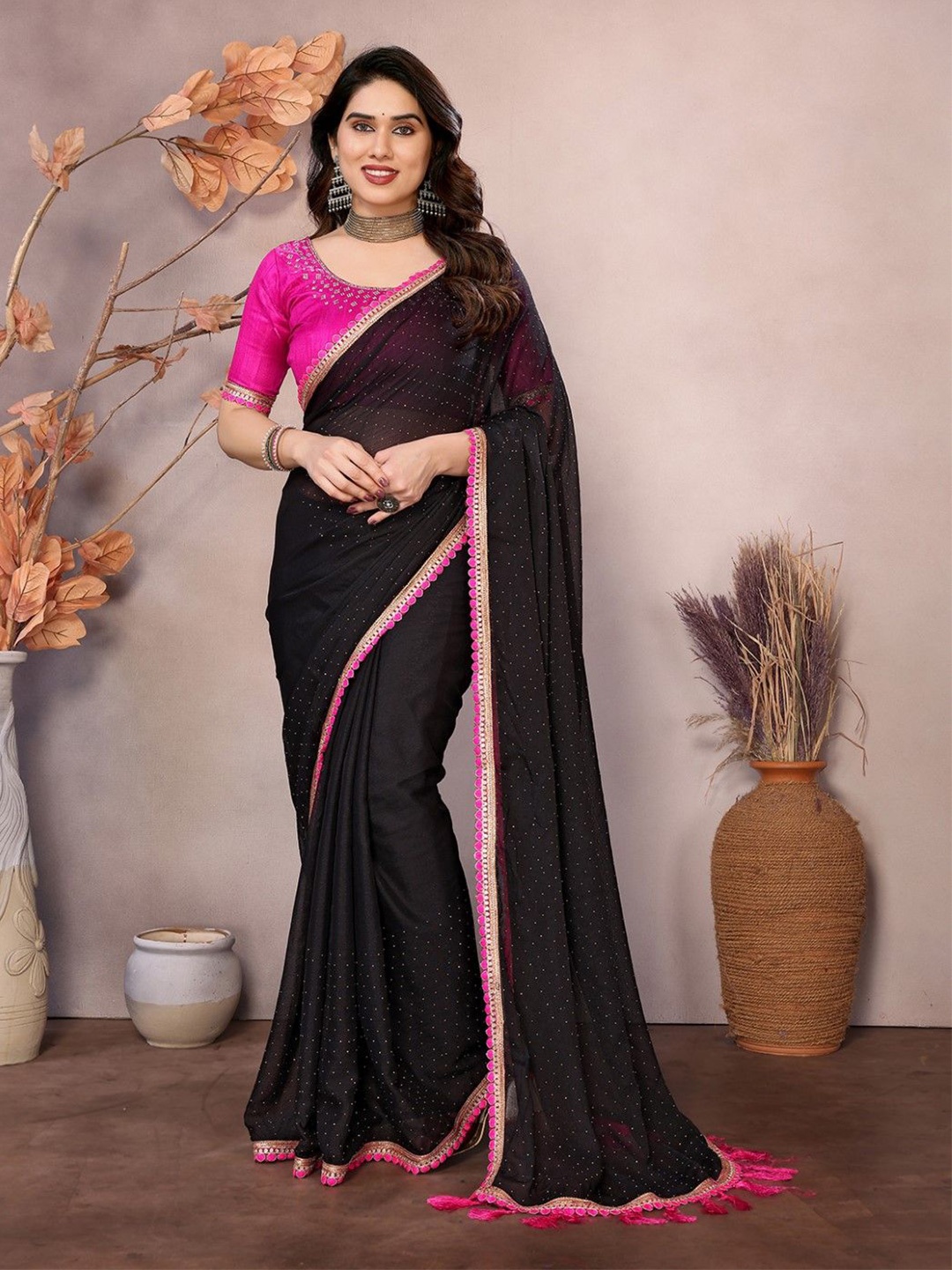 

KALINI Embellished Zari Poly Georgette Saree, Black