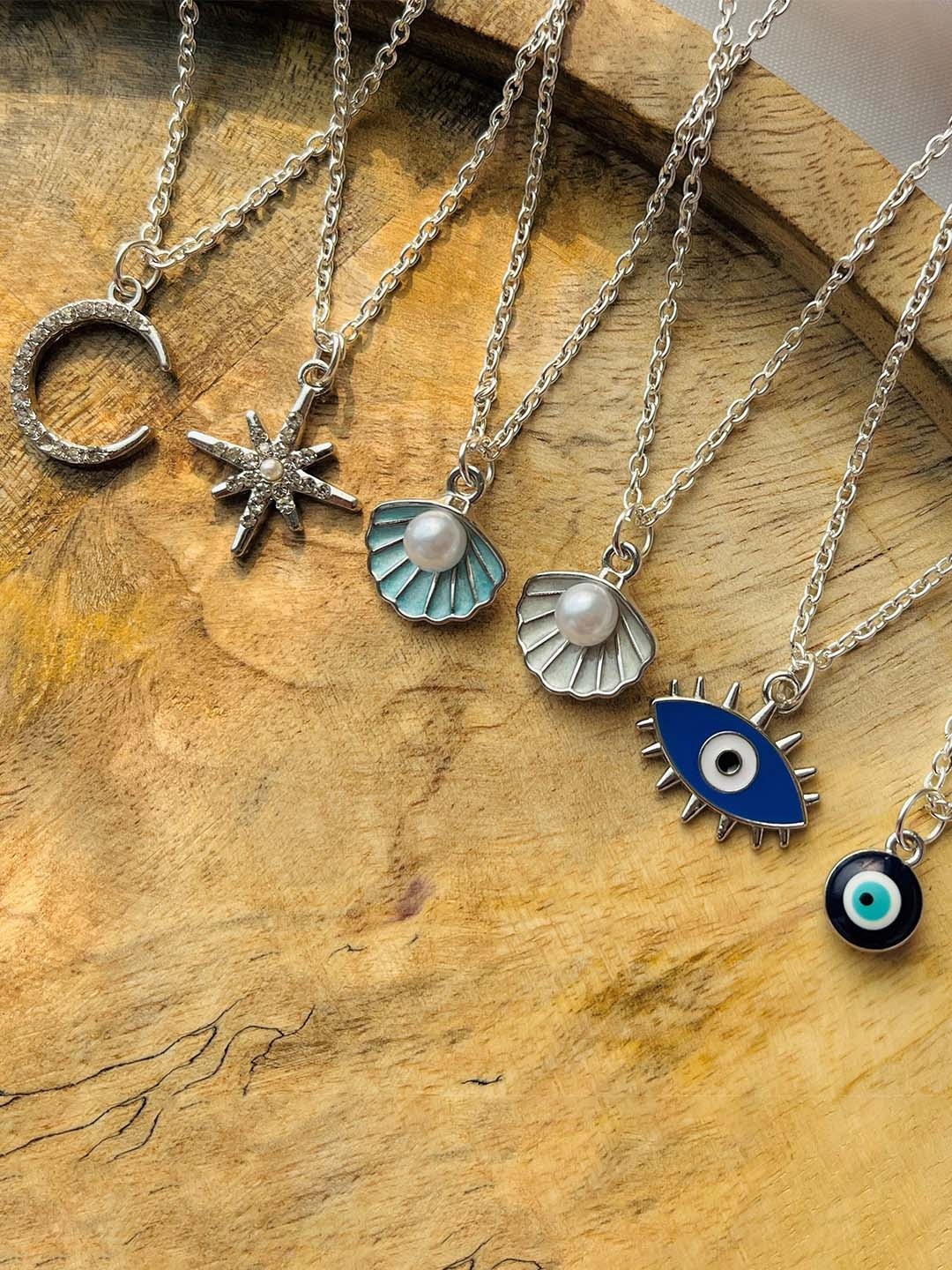 

Jewelsbysirani Set Of 6 Silver-Plated Stones Studded And Pearls Beaded Pendant With Chain