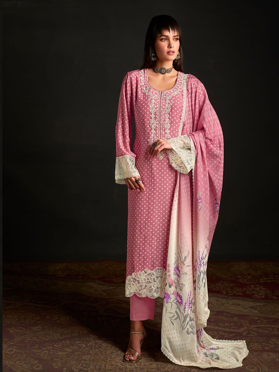 

ODETTE Floral Embroidered Sequinned Straight Kurta with Trousers & Dupatta, Pink