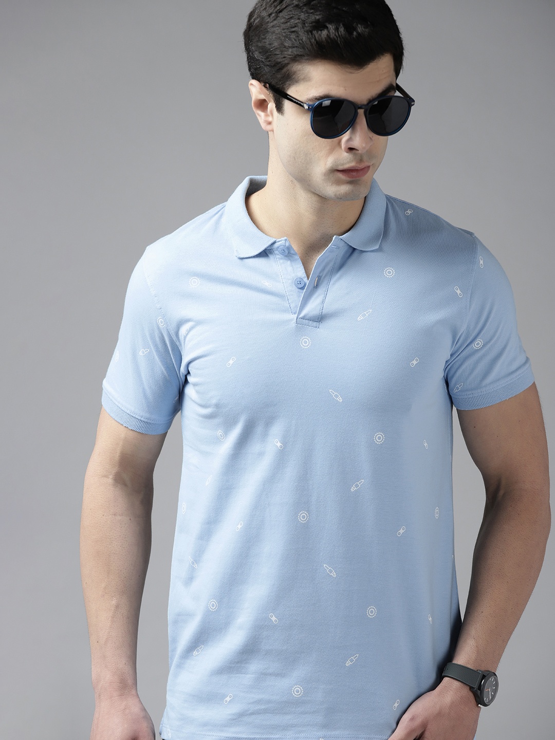 

Roadster Men Blue & White Printed Polo Collar Pure Cotton T-shirt