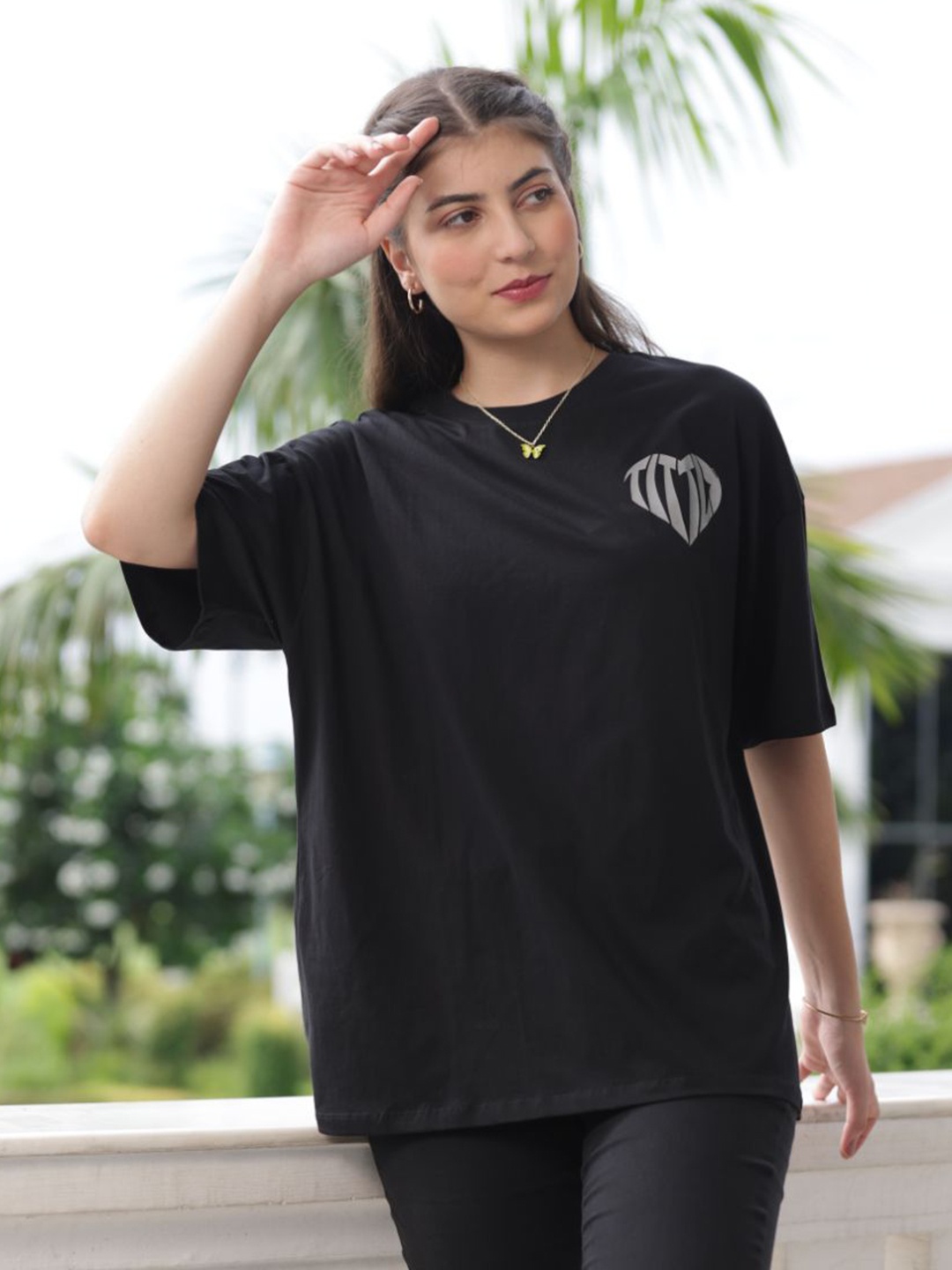

TITTLI Women Graphic Printed Round Neck Cotton Oversized T-shirt, Black