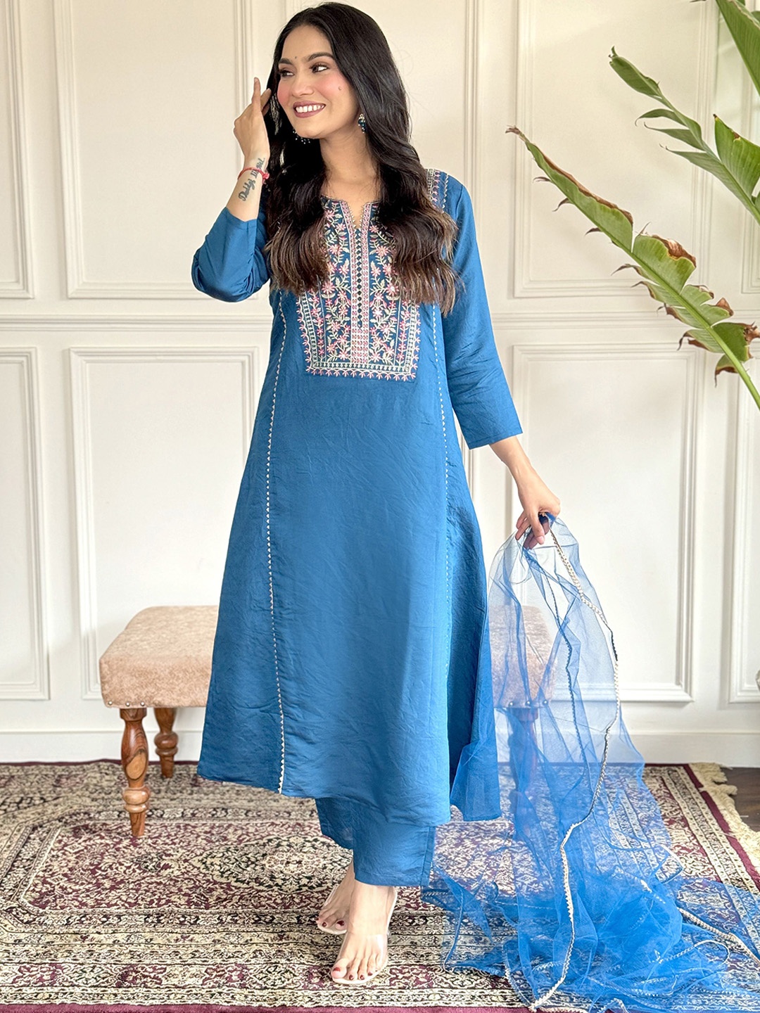 

Kurti Culture Floral Embroidered Thread Work A Line Kurta With Trousers & Dupatta, Blue