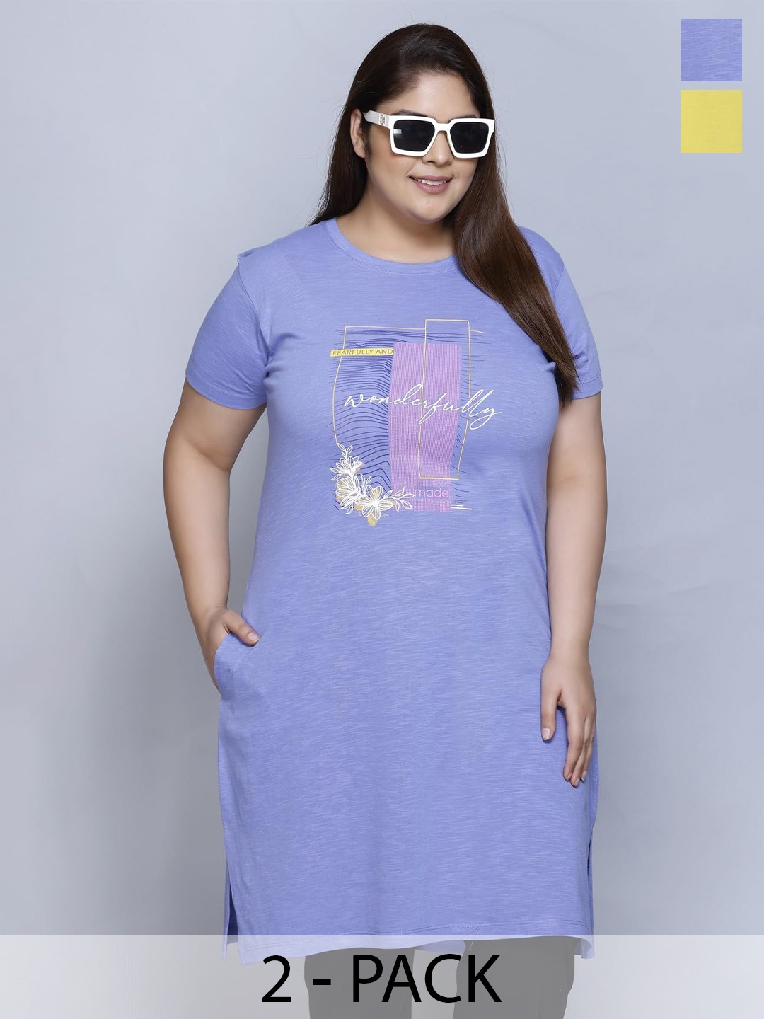 

IN Love Pack of 2 Women Plus Size Front Printed Cotton Nighty Chemise, Blue