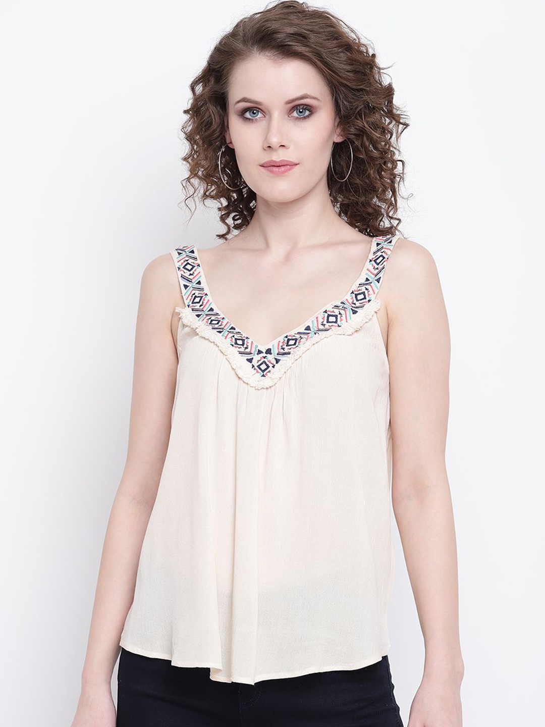

DressBerry Women Solid V-Neck Top, Beige