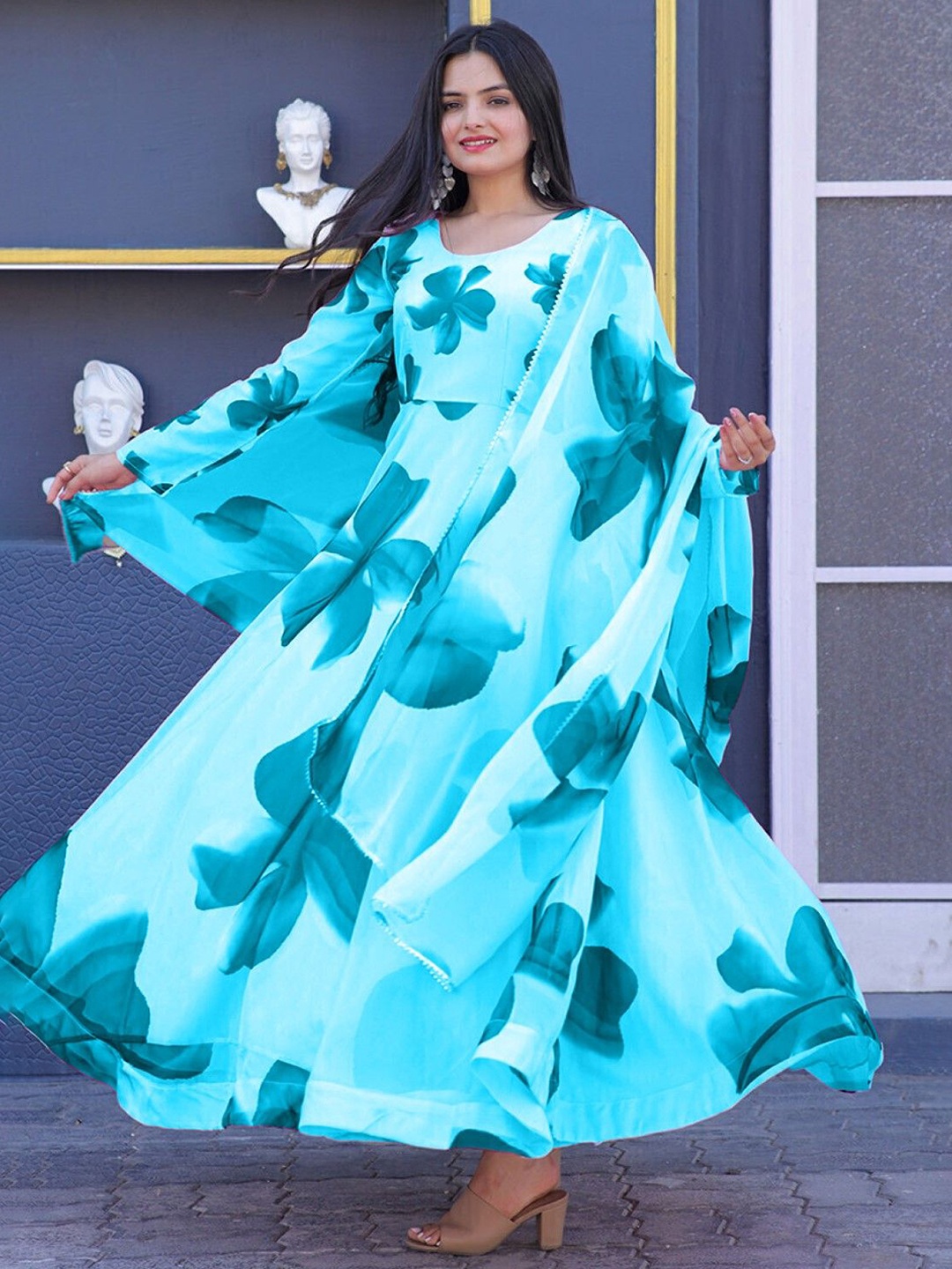 

Jash Creation Floral Printed Maxi Dress With Dupatta, Blue
