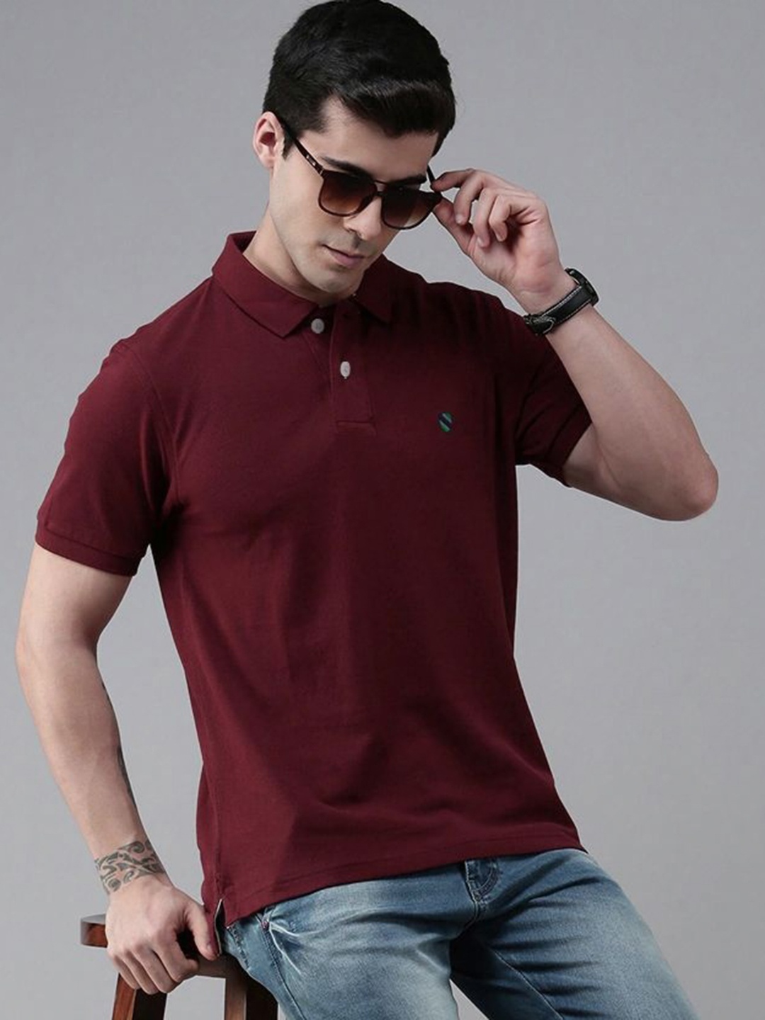 

MERRIMENT Men Solid Polo Collar Cotton T-shirt, Maroon