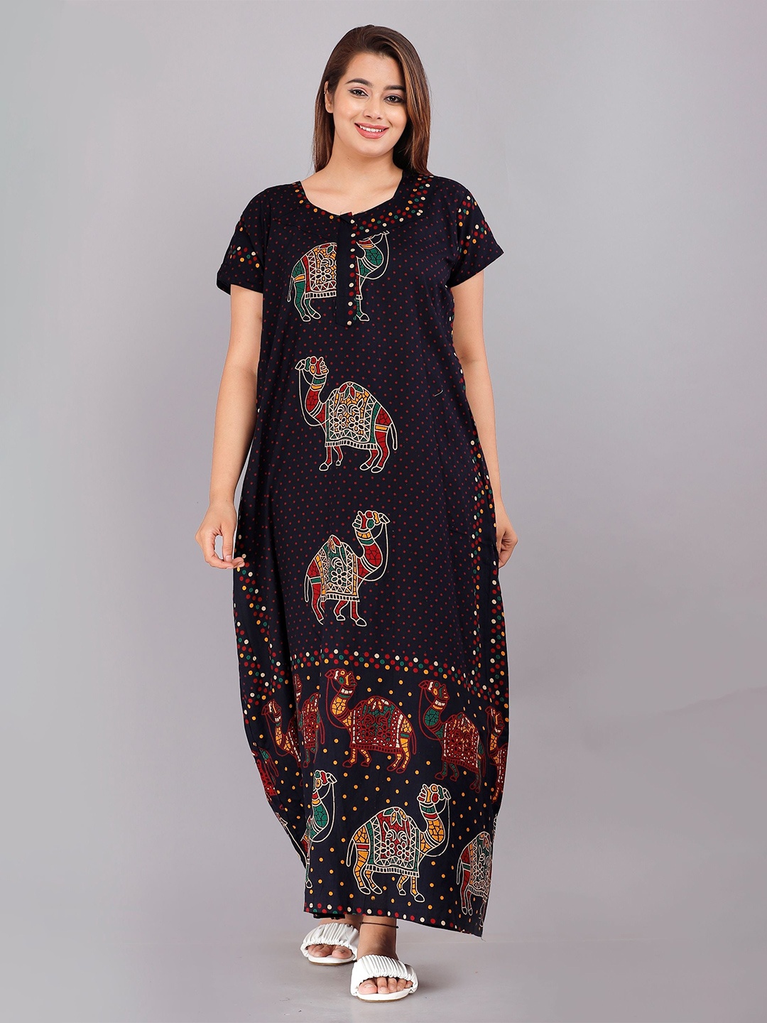 

PR PINK ROYAL Women Printed Pure Cotton Maxi Nightdress, Blue
