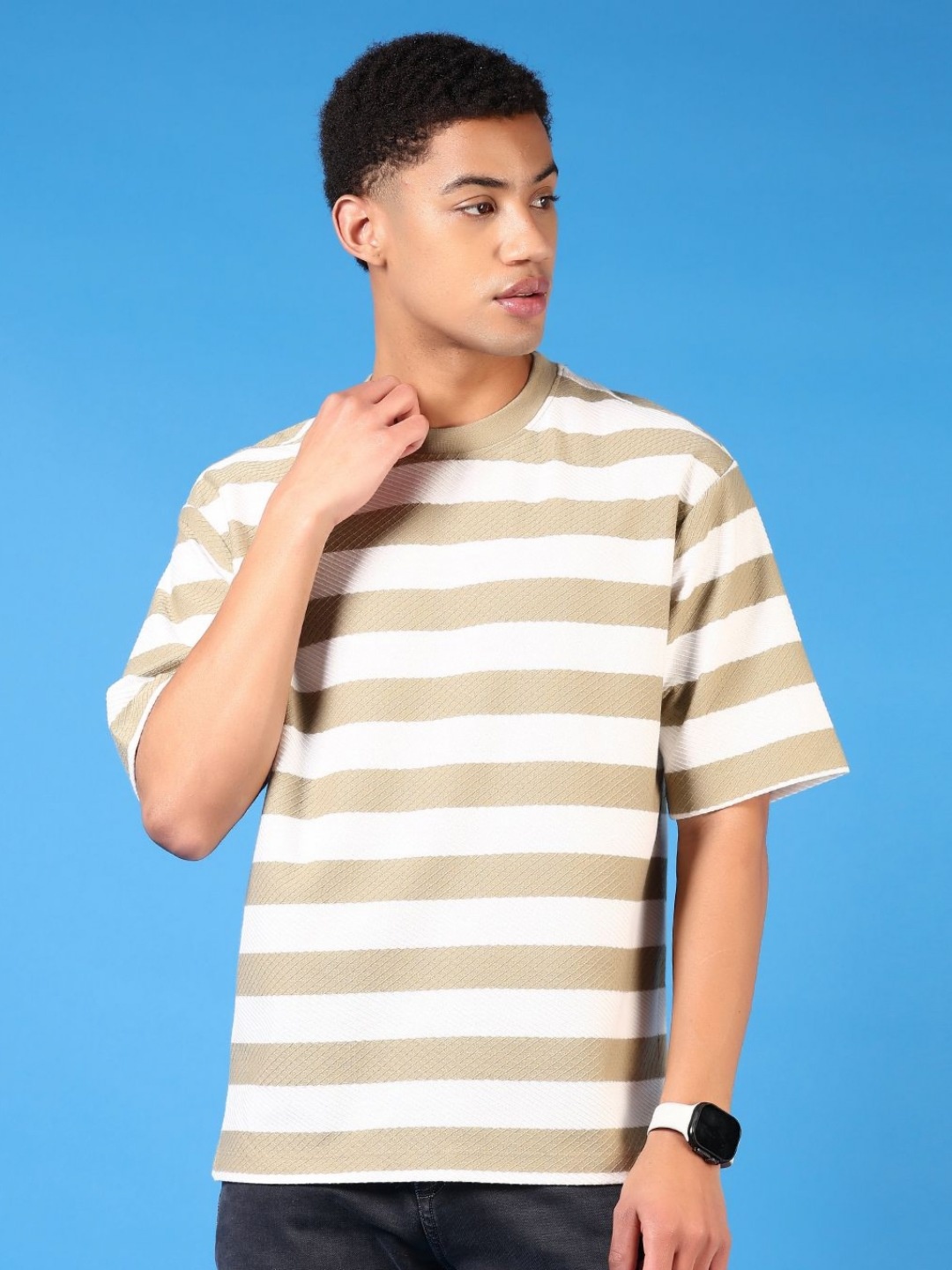 

V-Mart Men Striped Round Neck Cotton T-shirt, Olive