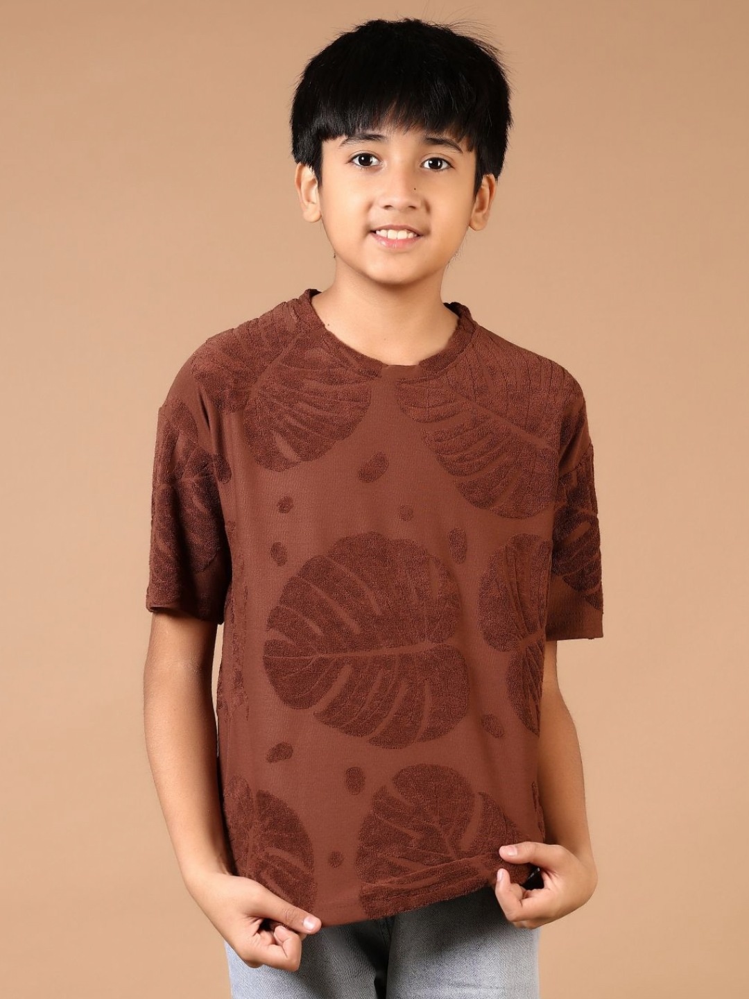 

V-Mart Boys Floral Printed Round Neck Cotton T-shirt, Brown
