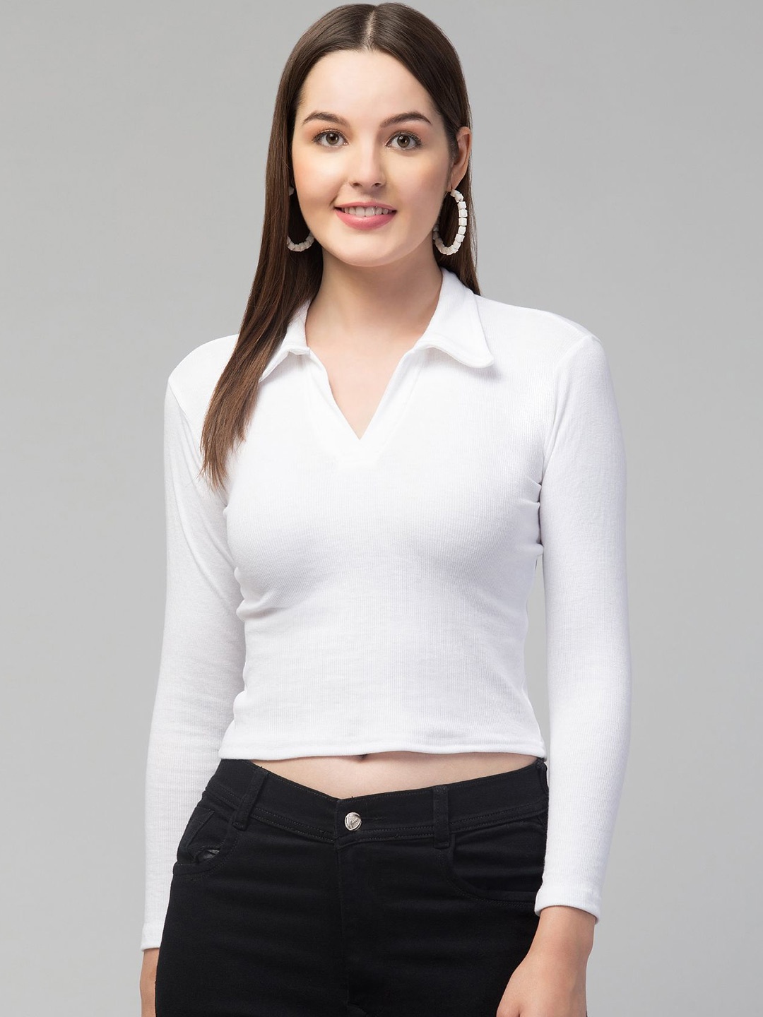 

Swaggish Women Solid Shirt Collar Fitted Crop Top, White
