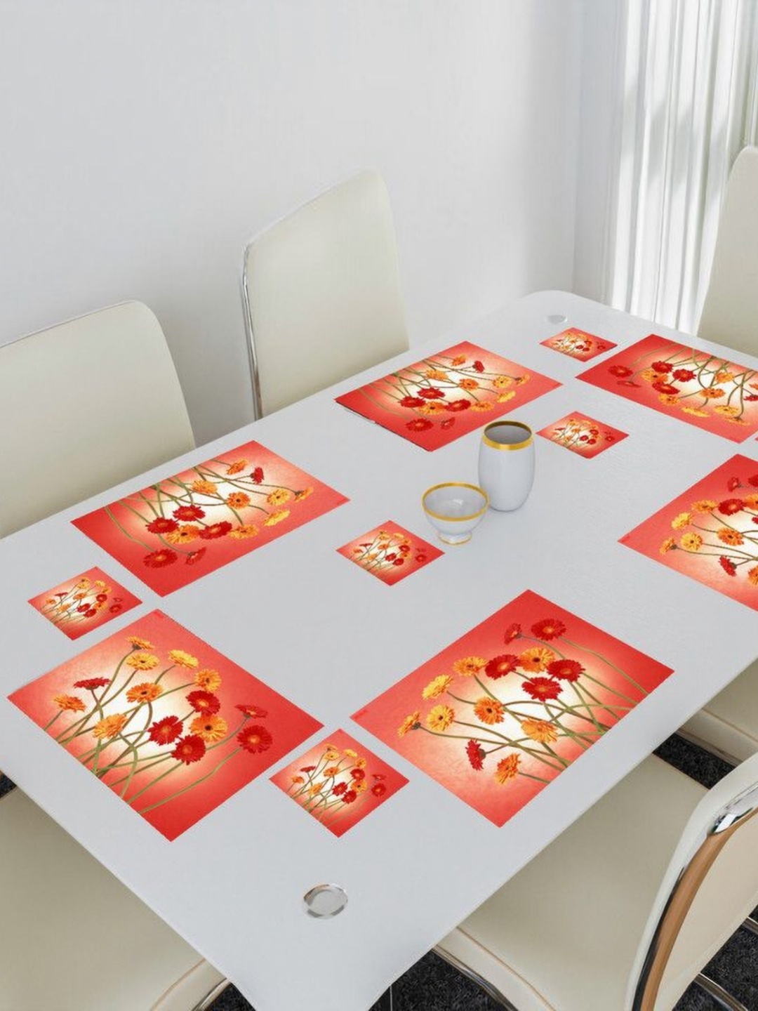 

REVEXO 6Pc Red & Yellow Printed Rectangle Costers & Table Placemats