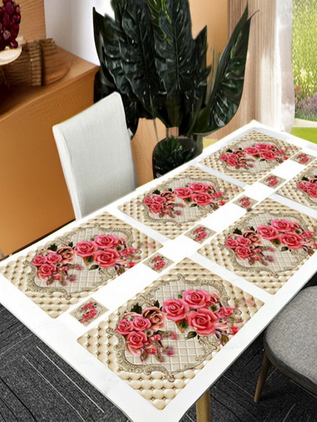 

REVEXO Cream & Pink 12 Pcs Printed Rectangular Shaped Coasters & Table Placemats