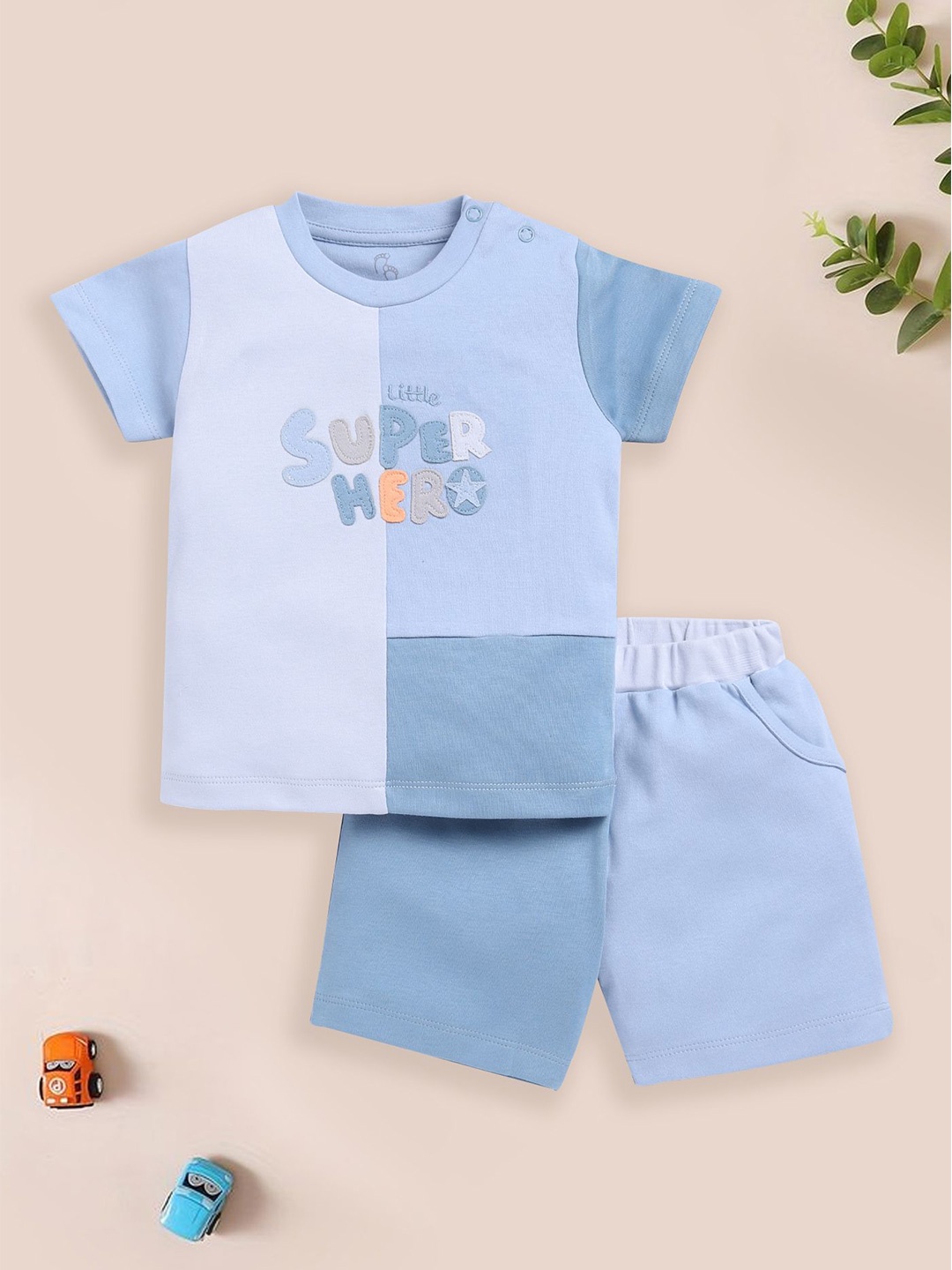 

BABY GO Boys Colourblocked Round Neck T-shirt With Shorts, Blue
