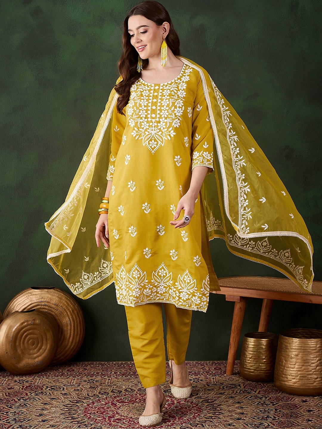 

HERE&NOW Mustard Yellow Floral Embroidered Straight Kurta With Trousers & Dupatta