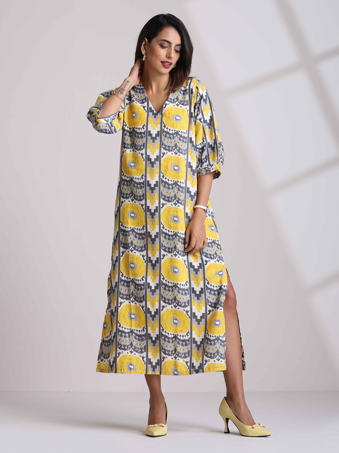 

trueBrowns Women Yellow Cotton Ikat Slit Dress