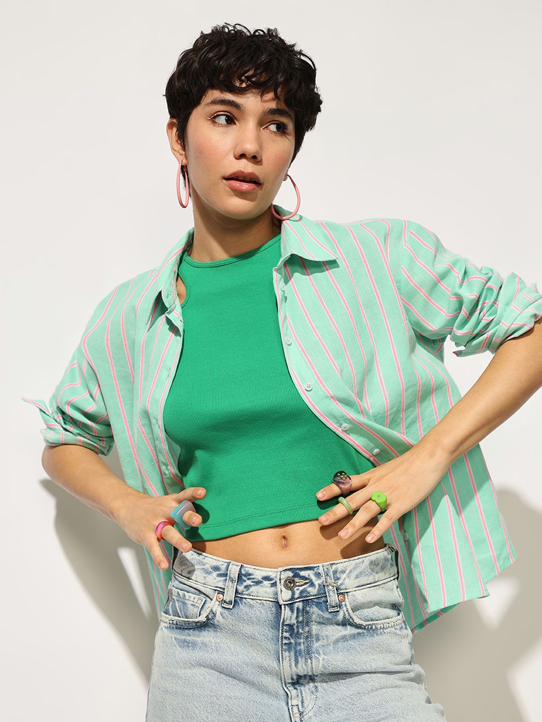 

ONLY Women onlTRIPLE Spread Collar Vertical Striped Cotton Casual Shirt, Green