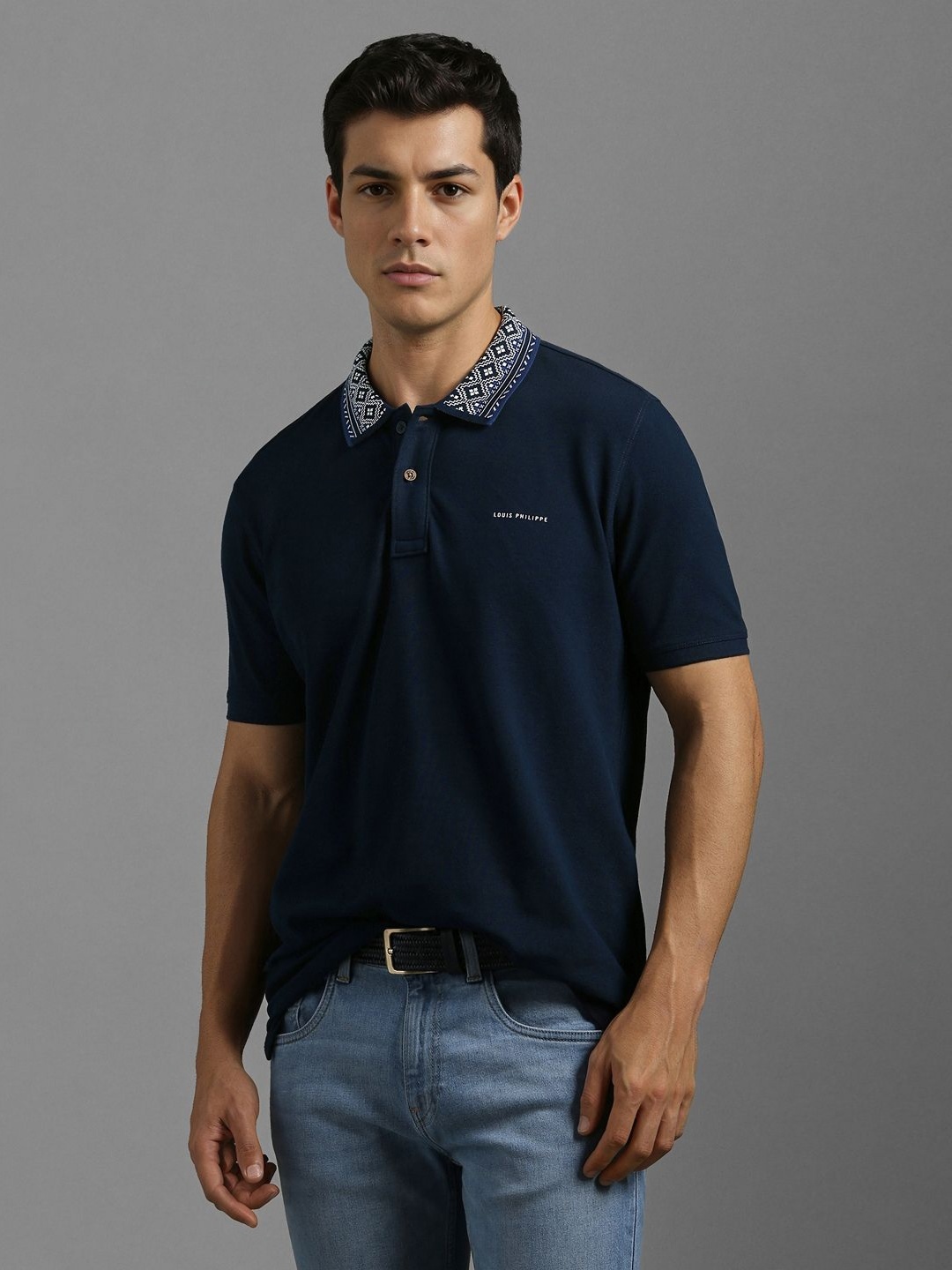 

Louis Philippe Jeans Men Solid Polo Collar Cotton Slim Fit T-shirt, Navy blue