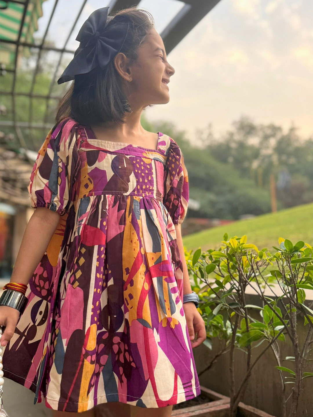 

Peekaaboo Kids Girls Print Puff Sleeve Fit & Flare Dress, Purple