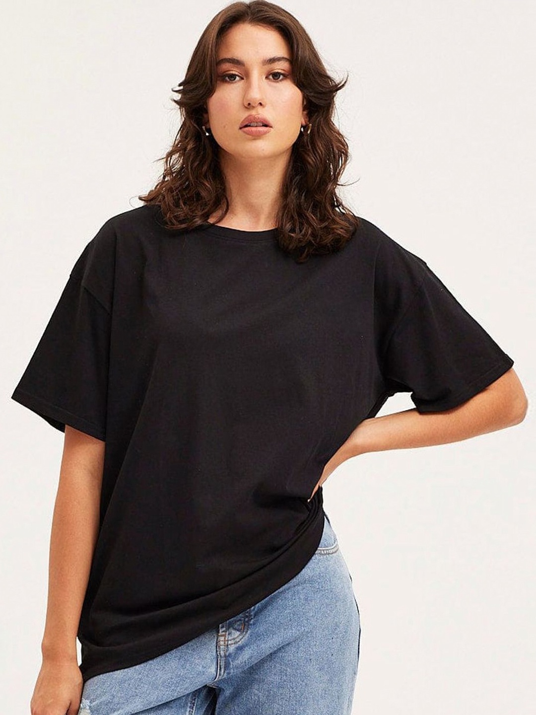 

Moda Rapido Women Solid Round Neck Cotton Oversized T-shirt, Black