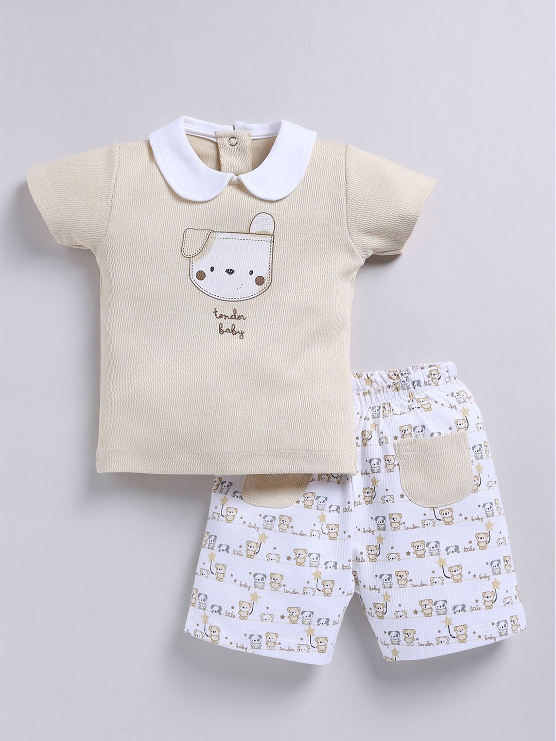

BABY GO Boys Printed Peter Pan Collar T-shirt With Shorts, Beige