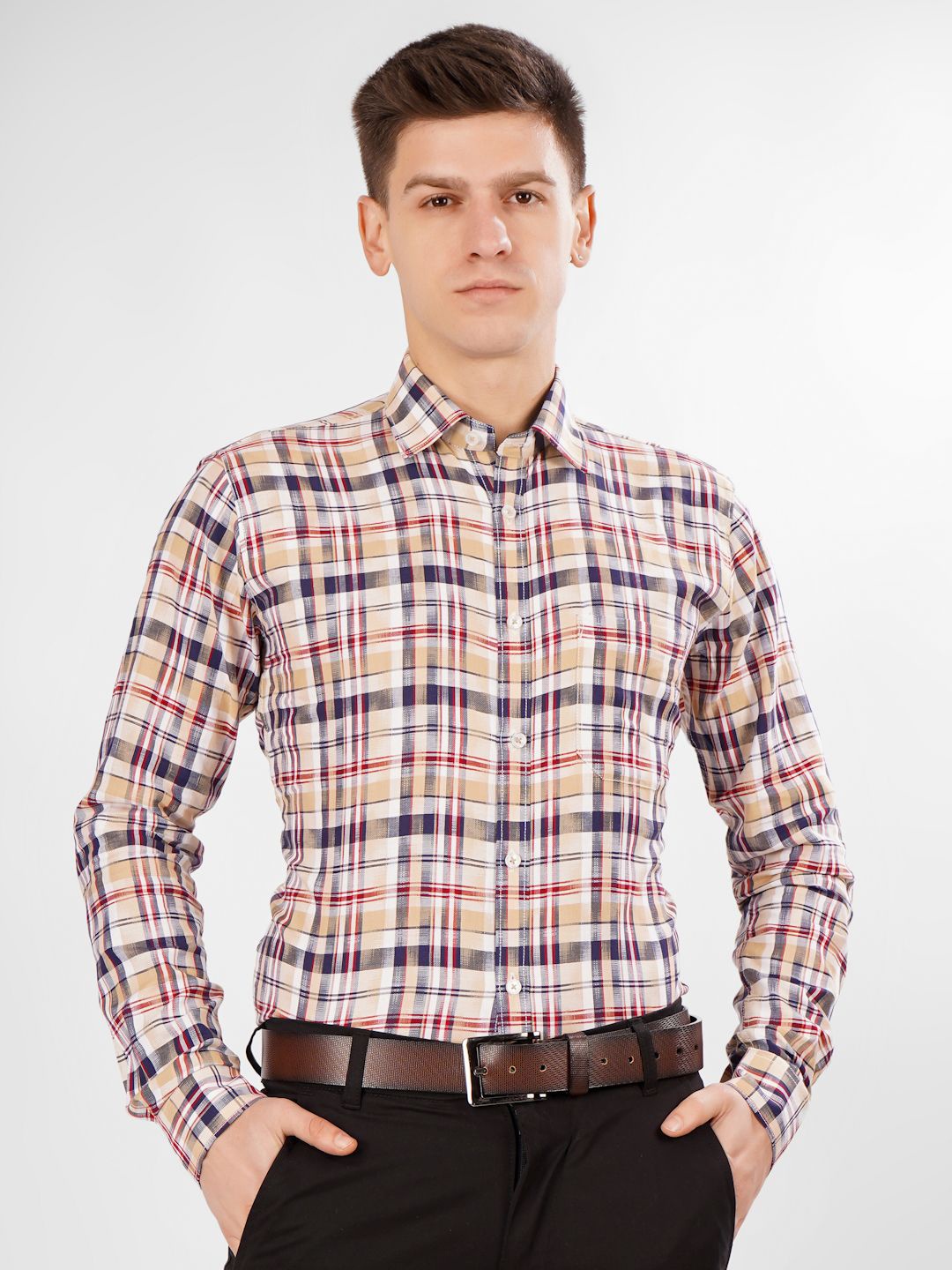 

DESIGN UP Men New Slim Fit Spread Collar Tartan Checked Formal Shirt, Beige