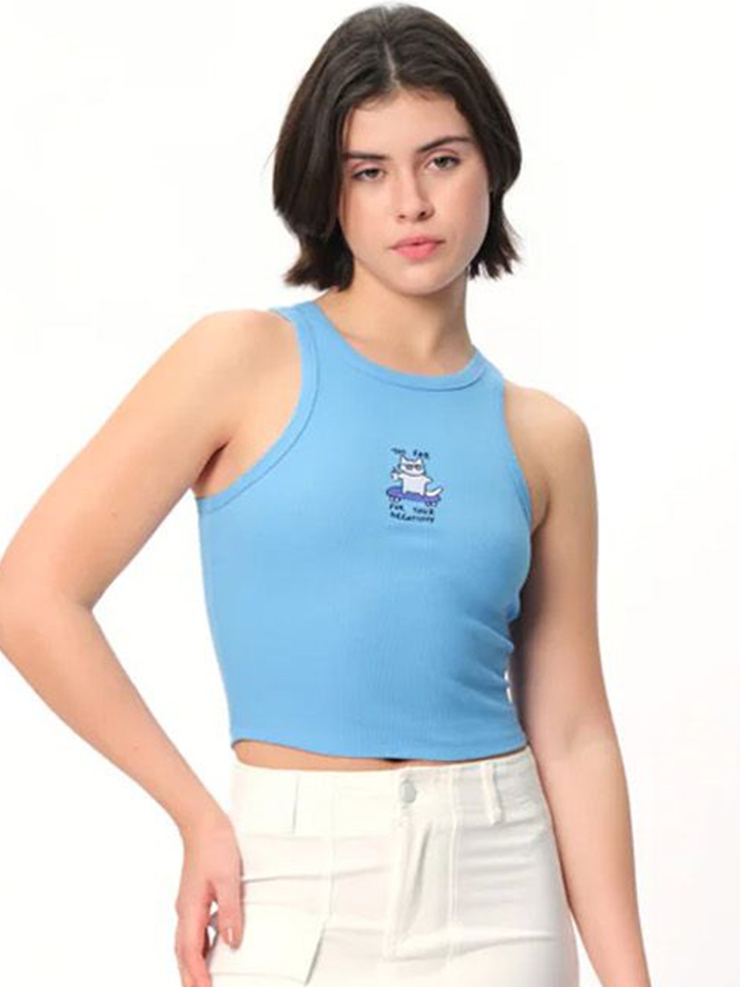 

Bonkers Corner Women Embroidered Too Fab For Your Negativity Ribbed Tank Top, Blue