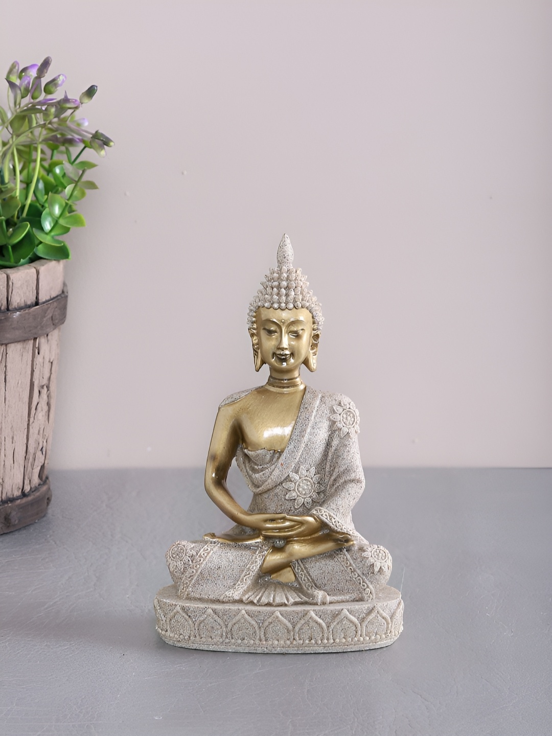 

Myntra Elegant Homes Grey & Gold-Toned Buddha Idol Showpiece