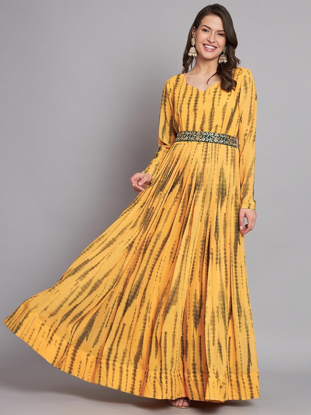

Raiyani Enterprise Women Cotton Printed Maxi Dress With Belt, Yellow
